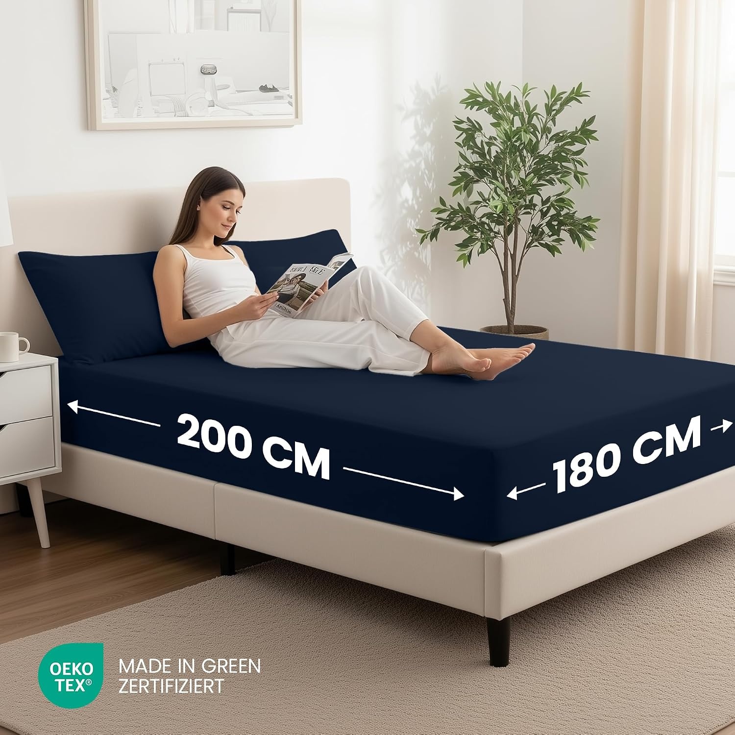 image:imageUtopia Bedding 2er Set Spannbettlaken 160x200cm BeigeMarineblau