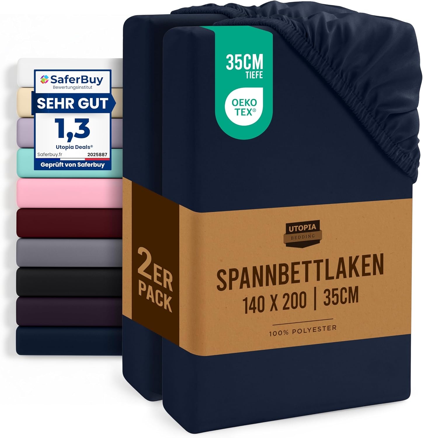image:imageUtopia Bedding 2er Set Spannbettlaken 160x200cm BeigeMarineblau