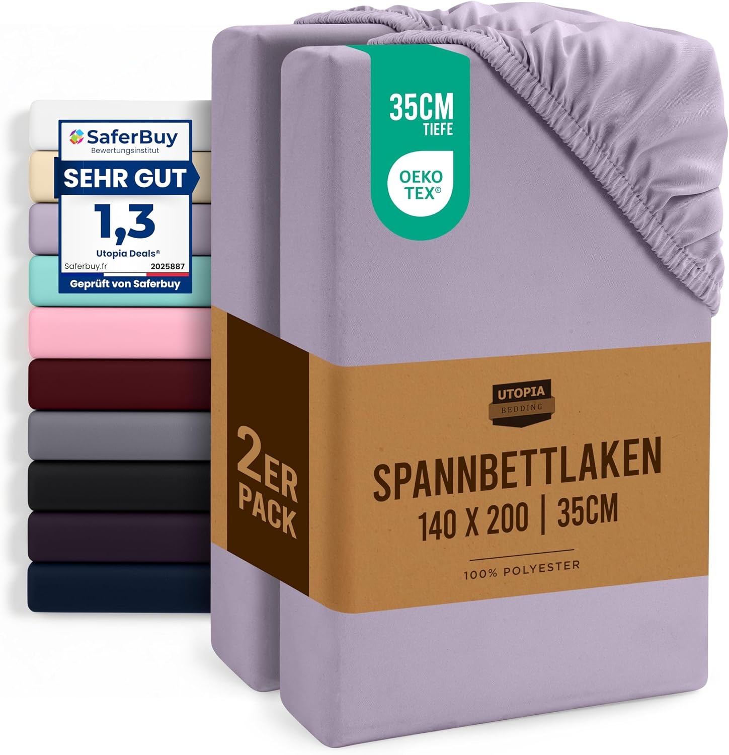 image:imageUtopia Bedding 2er Set Spannbettlaken 90x200cm BeigeLavendel