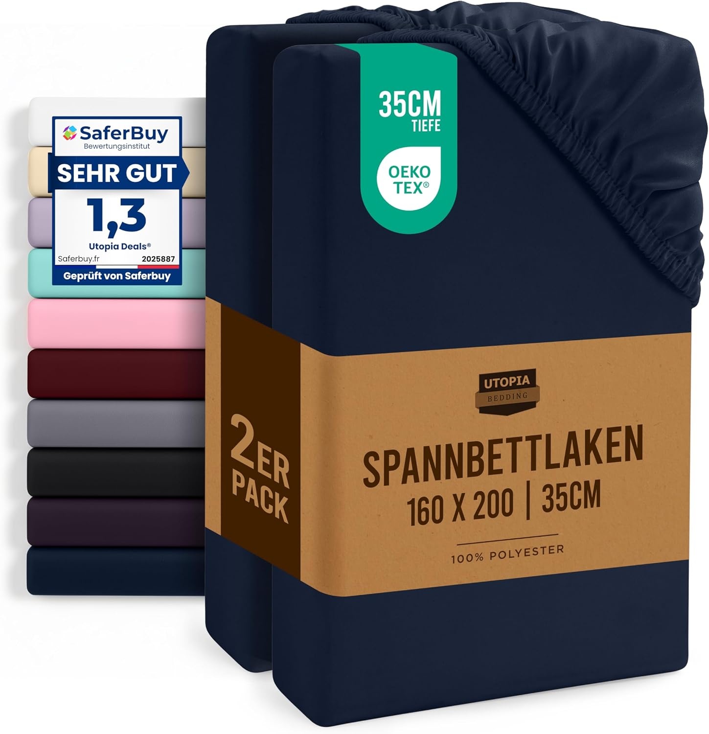 image:imageUtopia Bedding 2er Set Spannbettlaken 90x200cm BeigeMarineblau