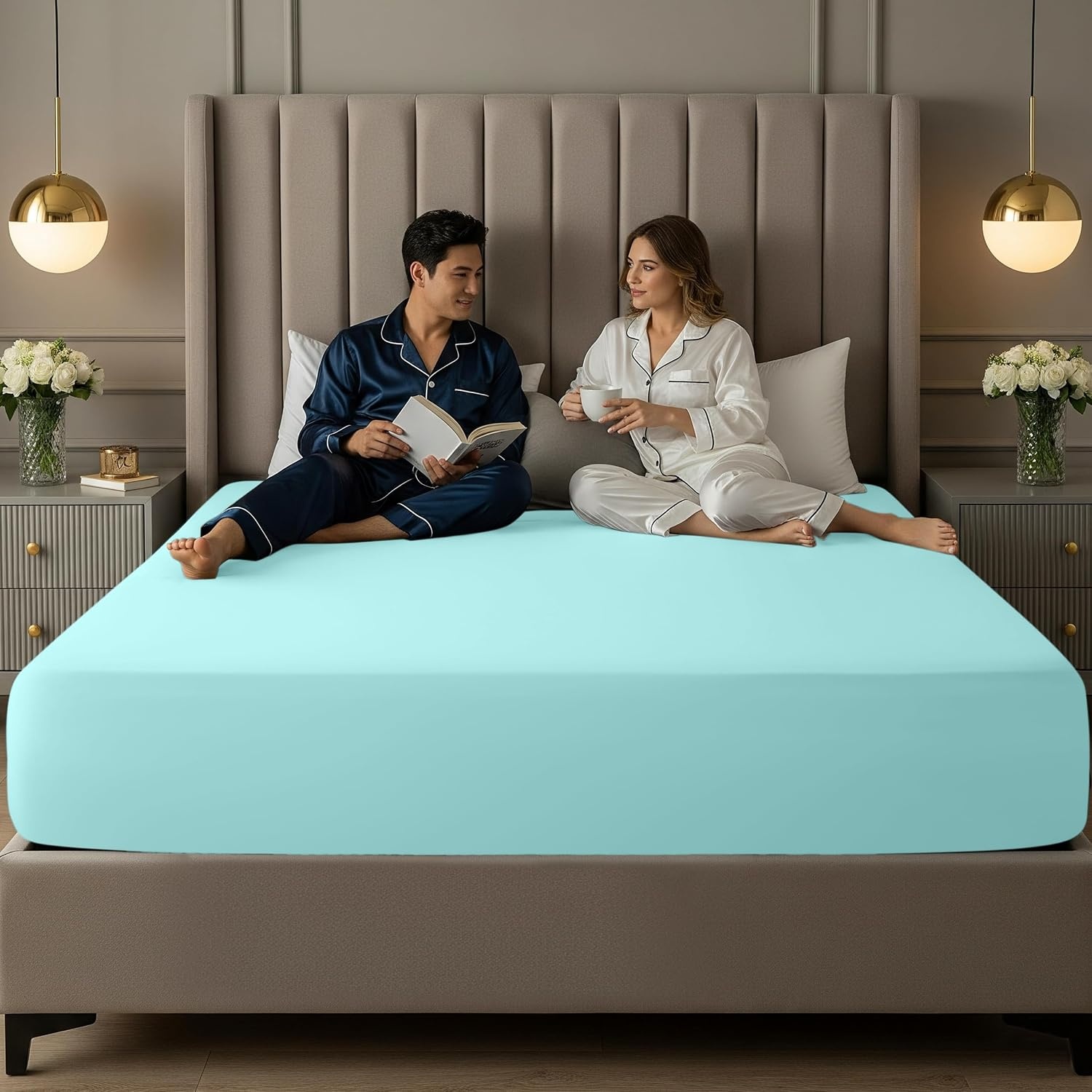 image:imageUtopia Bedding 6er Set Spannbettlaken 160 x 200 cm WeiBlau Spa Blue
