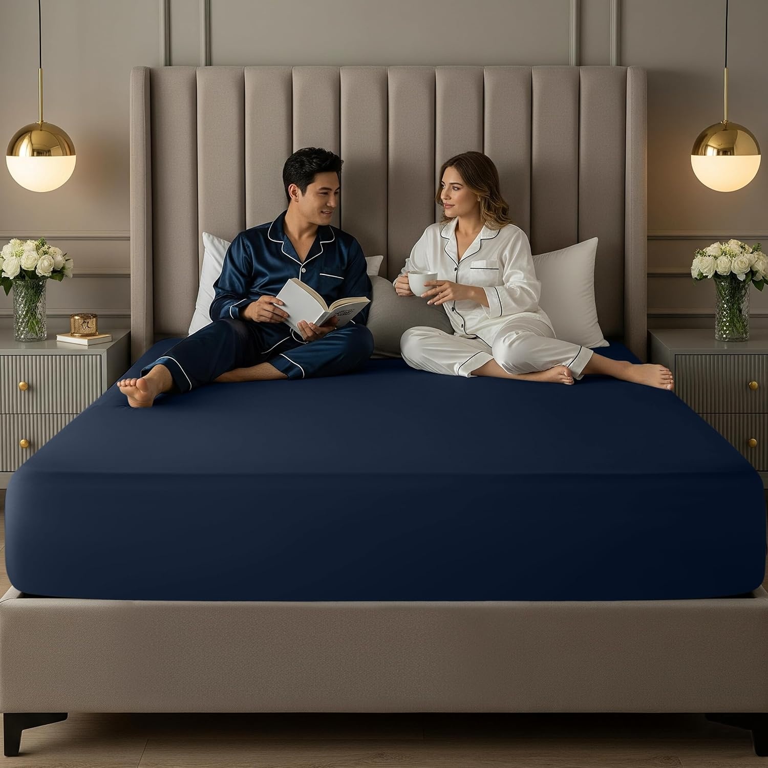 image:imageUtopia Bedding 6er Set Spannbettlaken 160 x 200 cm WeiMarineblau
