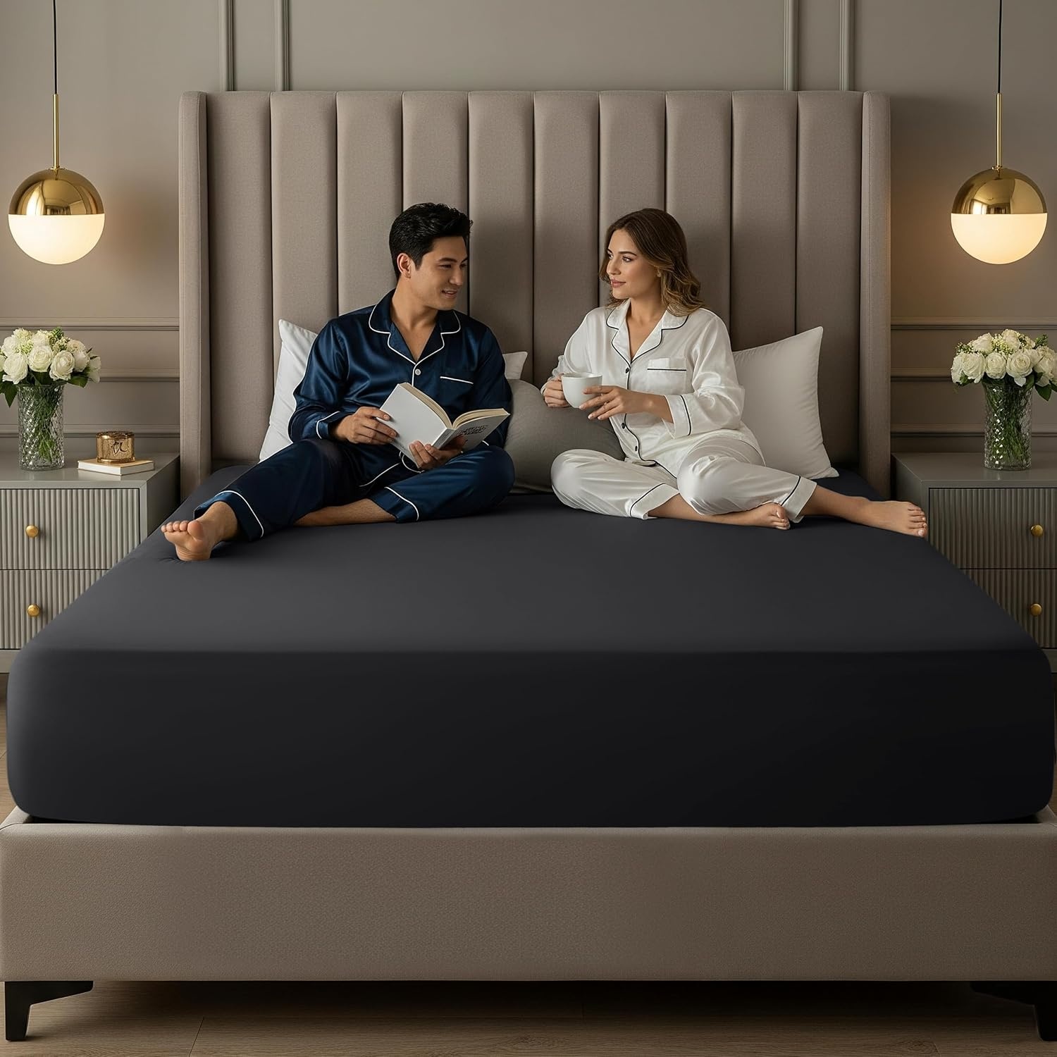 image:imageUtopia Bedding 6er Set Spannbettlaken 160 x 200 cm WeiSchwarz
