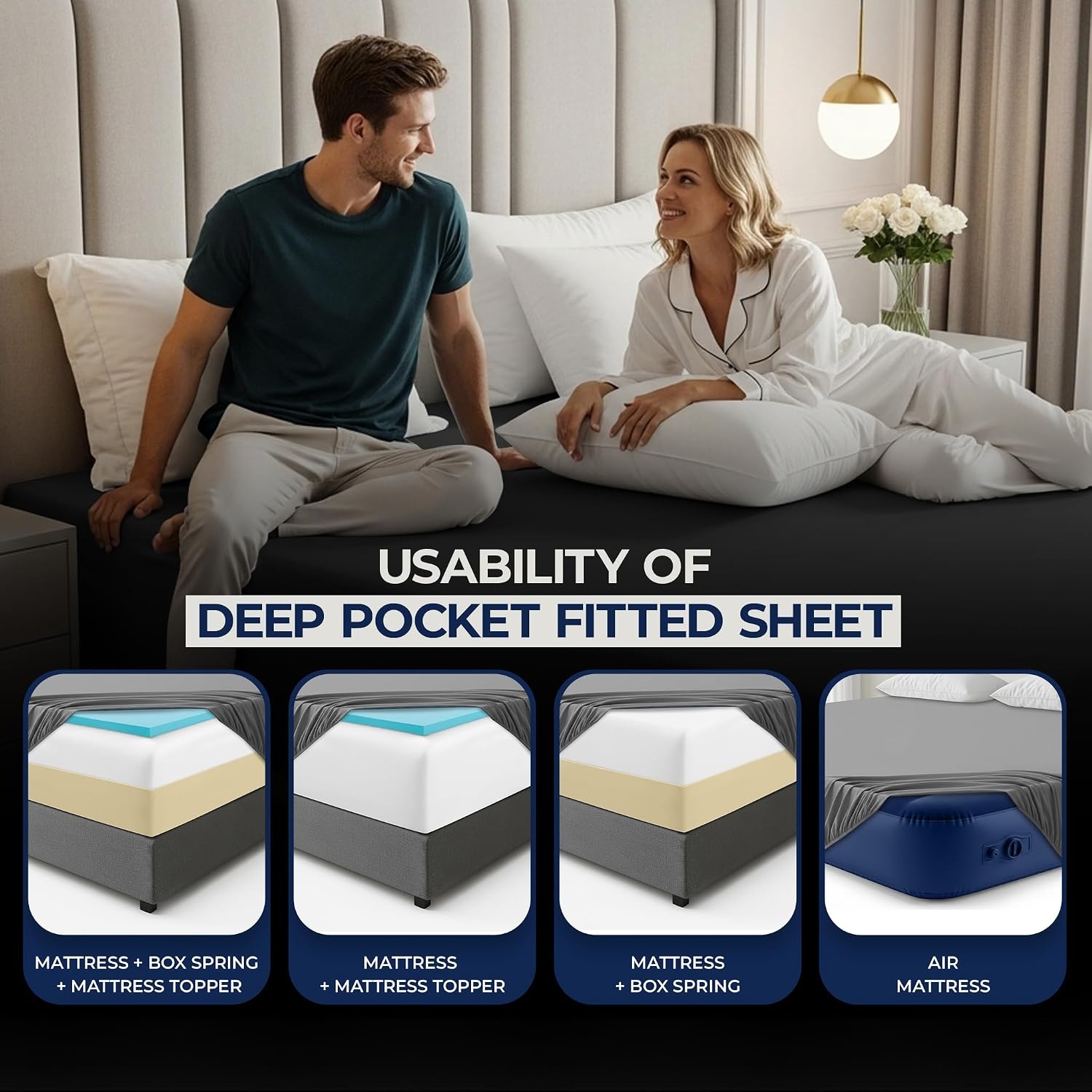 image:imageUtopia Bedding 6er Set Spannbettlaken 160 x 200 cm WeiSchwarz