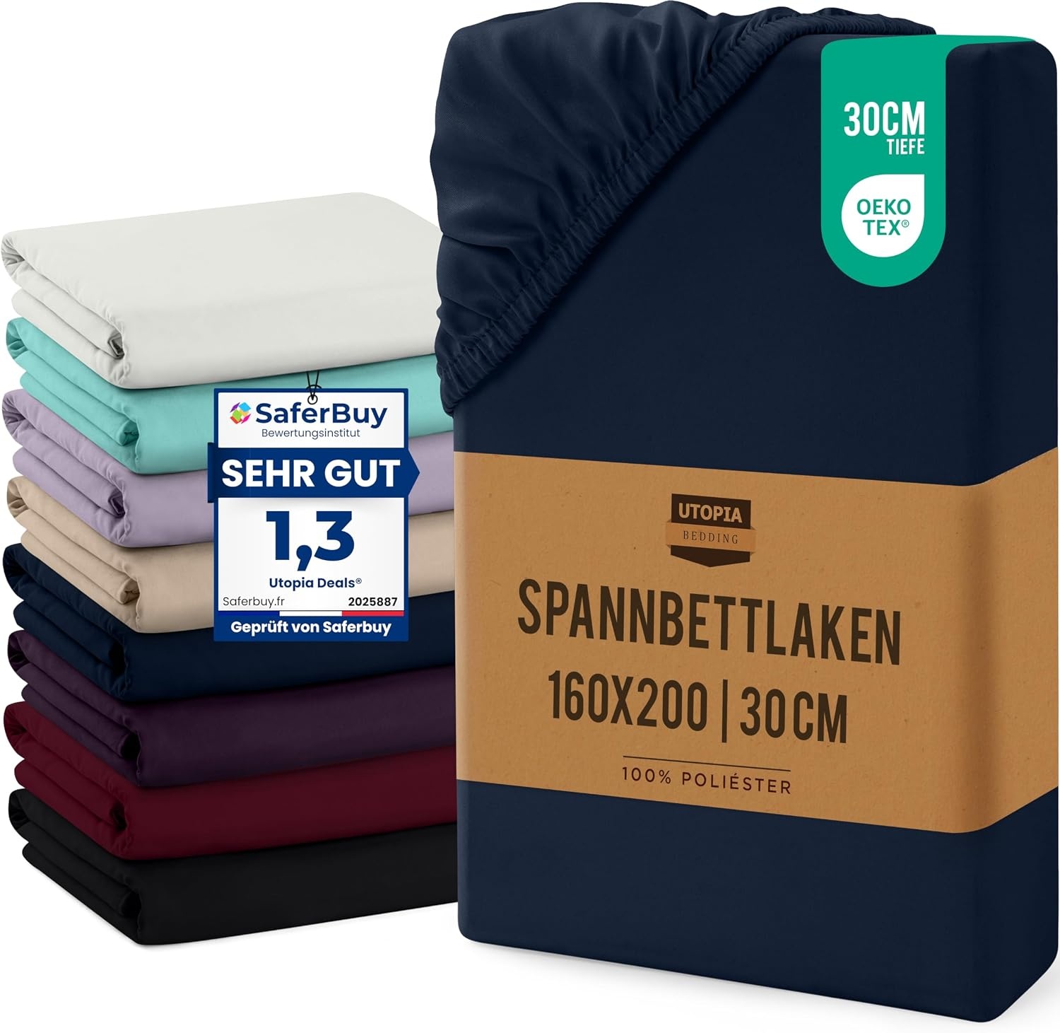 image:imageUtopia Bedding Spannbettlaken 90x200cm Bis 30 cm BeigeMarineblau