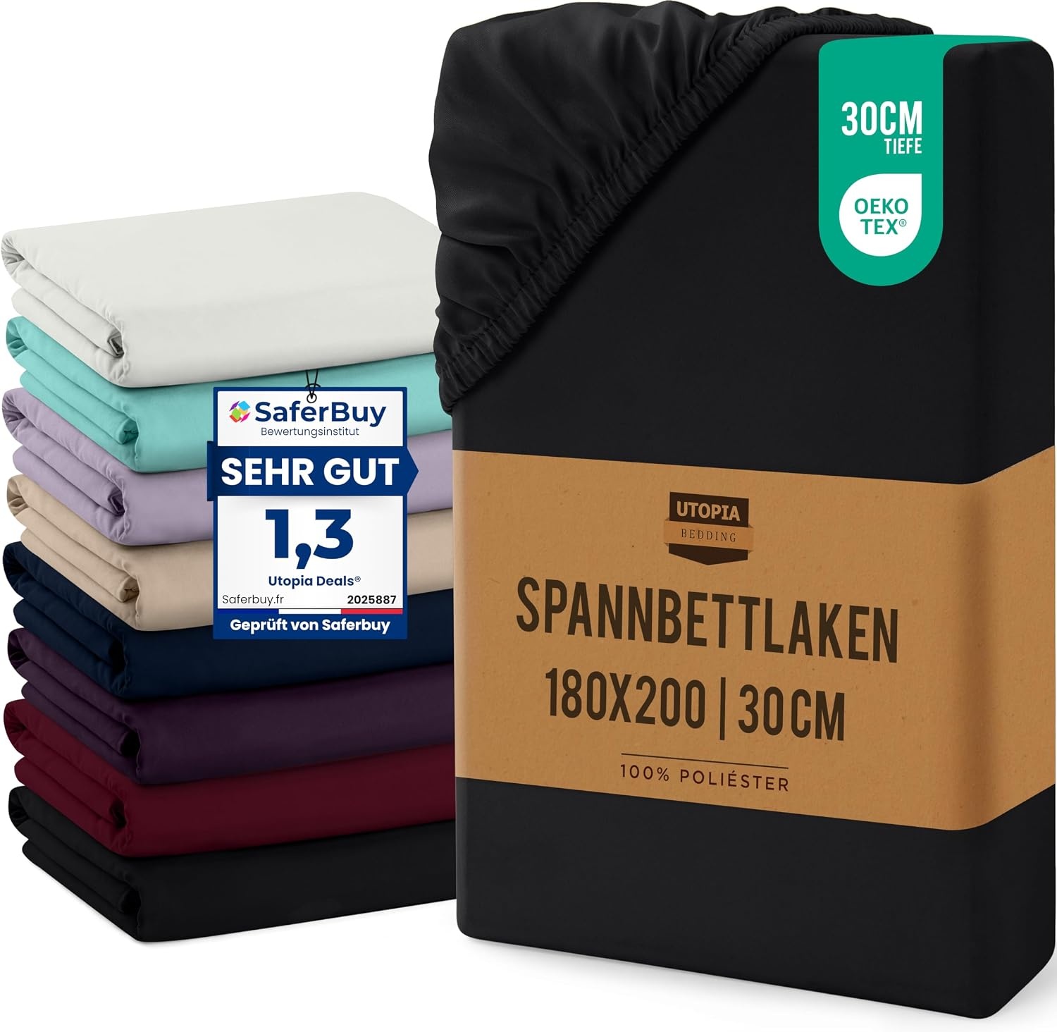 image:imageUtopia Bedding Spannbettlaken 90x200cm Bis 30 cm SchwarzSchwarz