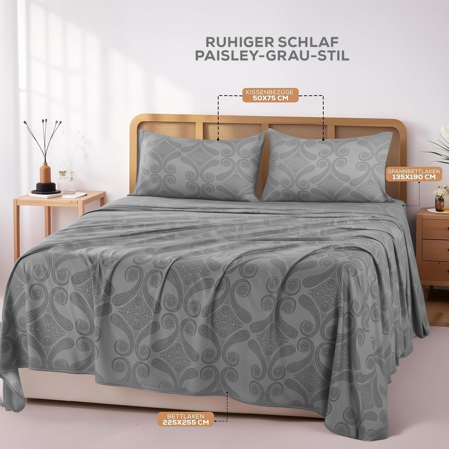 image:imageUtopia Bedding 4Teiliges Bedrucktes Bettlaken Set 135 x 190 cm Paisley Grau PolyesterMikrofaser 1 Spannbetttuch 135x190 cm 1 Bettlaken 225x255 cm und 2 Kissenbezge 50x75 cm