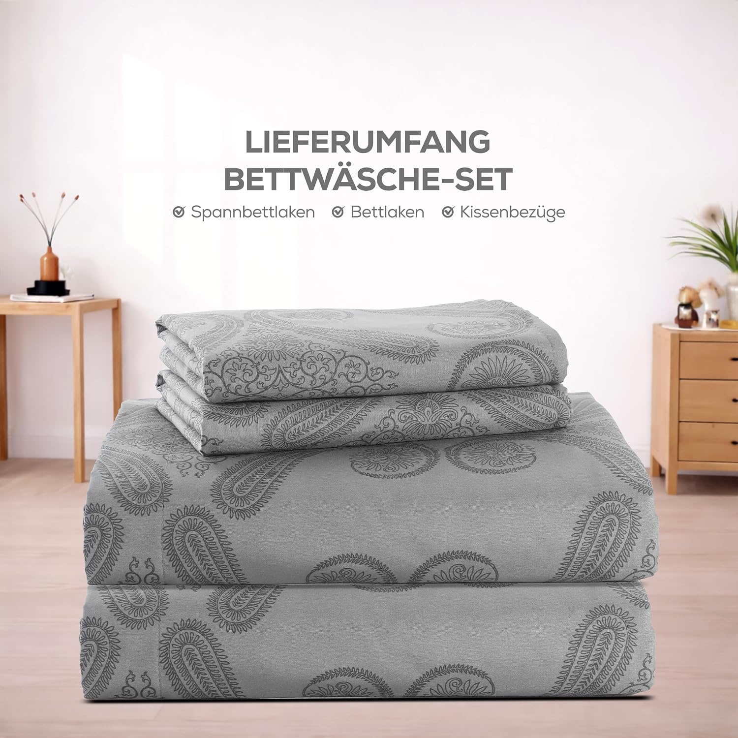 image:imageUtopia Bedding 4Teiliges Bedrucktes Bettlaken Set 135 x 190 cm Paisley Grau PolyesterMikrofaser 1 Spannbetttuch 135x190 cm 1 Bettlaken 225x255 cm und 2 Kissenbezge 50x75 cm