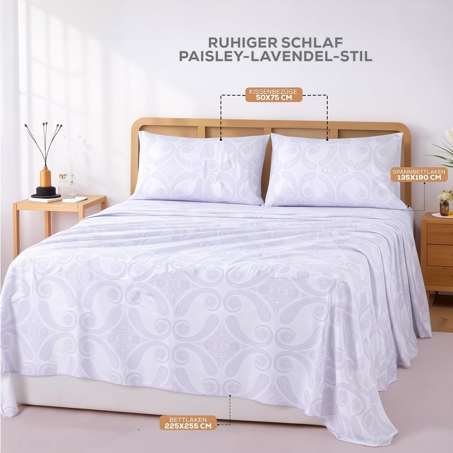 image:imageUtopia Bedding 4Teiliges Bedrucktes Bettlaken Set 135 x 190 cm Paisley Lavendel PolyesterMikrofaser 1 Spannbetttuch 135x190 cm 1 Bettlaken 225x255 cm und 2 Kissenbezge 50x75 cm