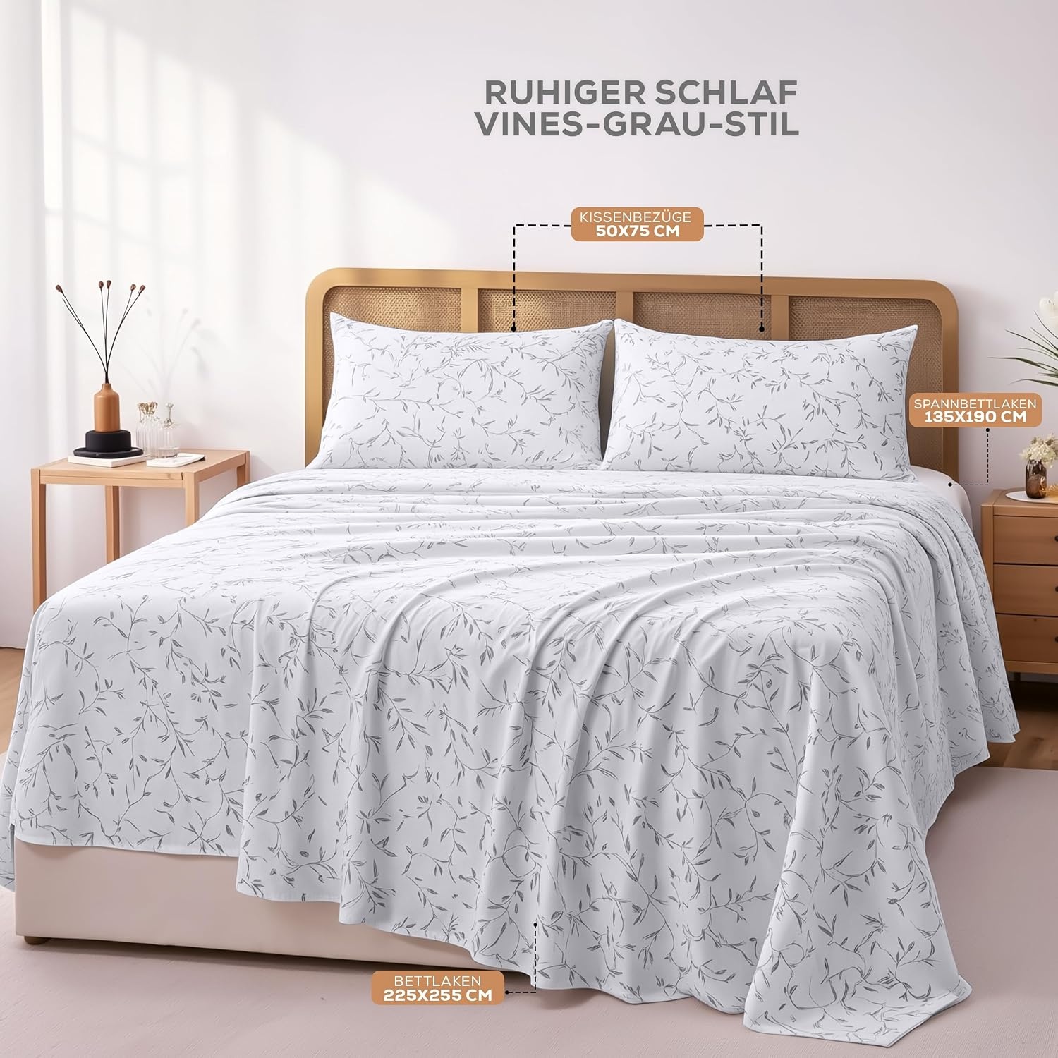 image:imageUtopia Bedding 4Teiliges Bedrucktes Bettlaken Set 135 x 190 cm Reben Grau PolyesterMikrofaser 1 Spannbetttuch 135x190 cm 1 Bettlaken 225x255 cm und 2 Kissenbezge 50x75 cm