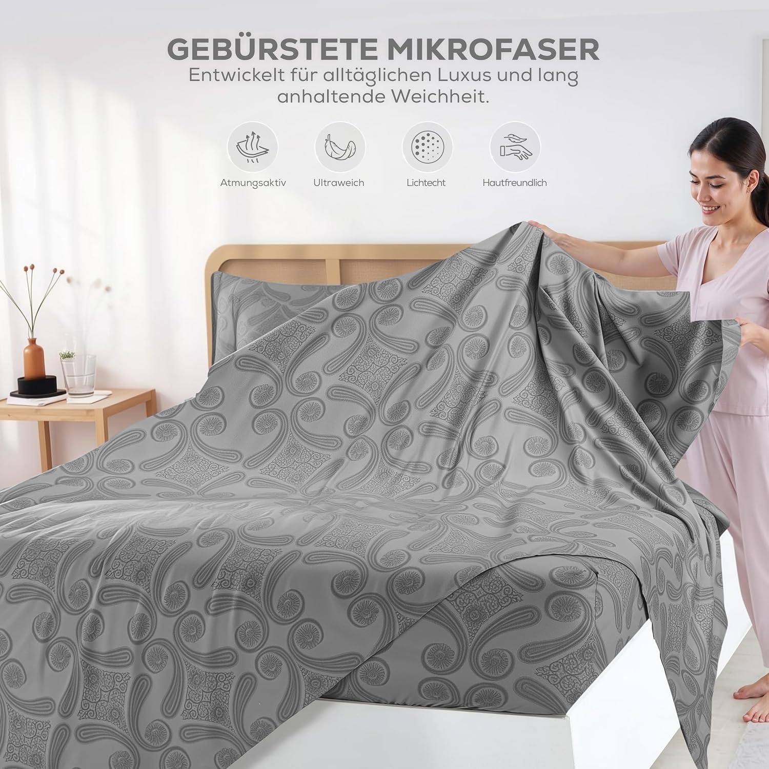 image:imageUtopia Bedding 4Teiliges Bedrucktes Bettlaken Set 150 x 200 cm Paisley Grau PolyesterMikrofaser 1 Spannbetttuch 150x200 cm 1 Bettlaken 266x259 cm und 2 Kissenbezge 50x75 cm