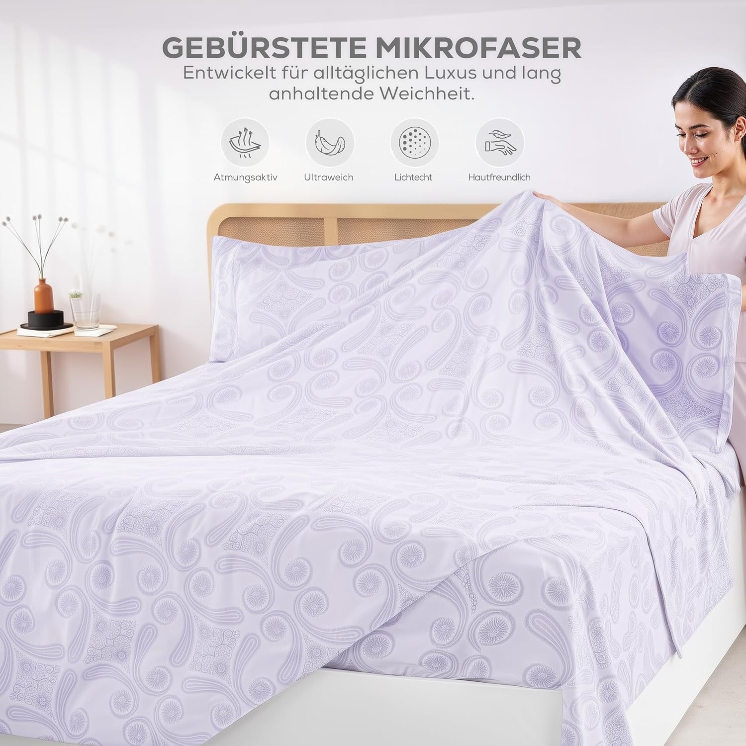image:imageUtopia Bedding 4Teiliges Bedrucktes Bettlaken Set 150 x 200 cm Paisley Lavendel PolyesterMikrofaser 1 Spannbetttuch 150x200 cm 1 Bettlaken 266x259 cm und 2 Kissenbezge 50x75 cm