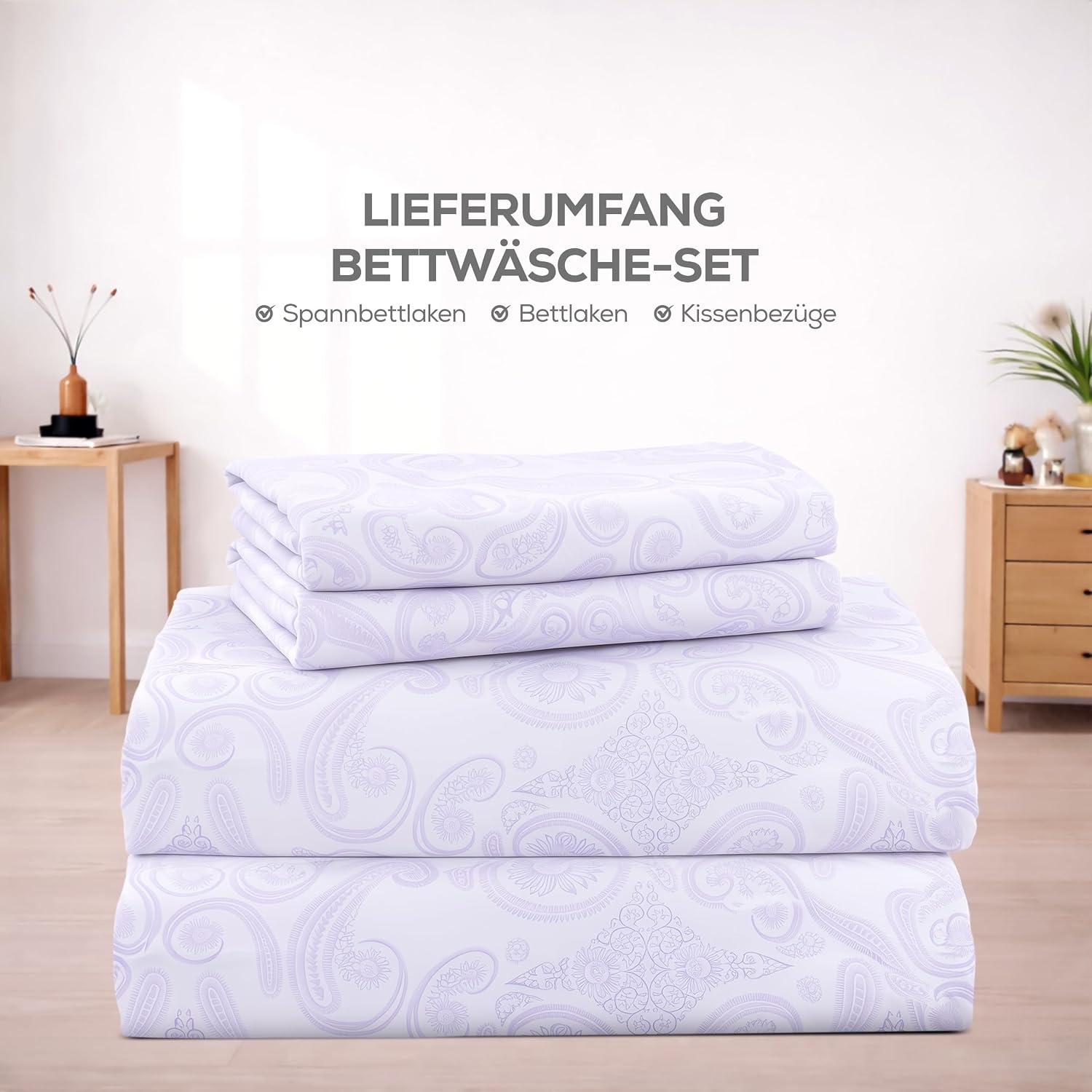 image:imageUtopia Bedding 4Teiliges Bedrucktes Bettlaken Set 150 x 200 cm Paisley Lavendel PolyesterMikrofaser 1 Spannbetttuch 150x200 cm 1 Bettlaken 266x259 cm und 2 Kissenbezge 50x75 cm