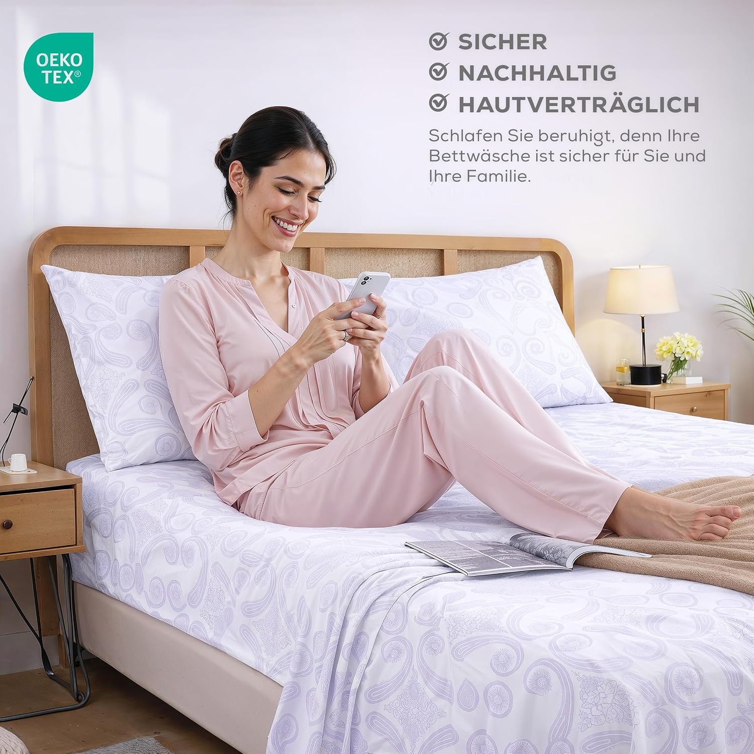 image:imageUtopia Bedding 4Teiliges Bedrucktes Bettlaken Set 150 x 200 cm Paisley Lavendel PolyesterMikrofaser 1 Spannbetttuch 150x200 cm 1 Bettlaken 266x259 cm und 2 Kissenbezge 50x75 cm