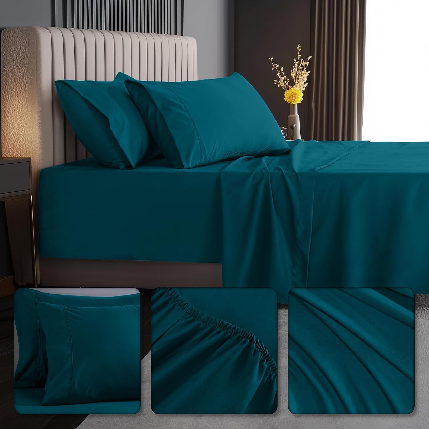 image:imageUtopia Bedding Bettlaken Set 3 Teilige Schwarz Polyester Mikrofaser OekoTex Zertifiziert Spannbettlaken 90x190 Bettlaken 167x243 1 Bestickten Kissenbezug 50x75Denim Blau