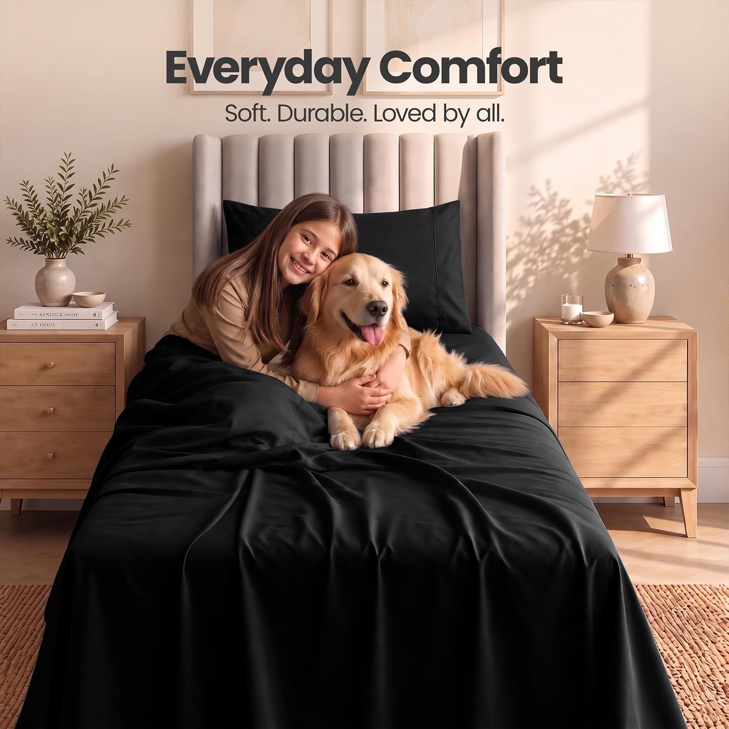 image:imageUtopia Bedding Bettlaken Set 3 Teilige Schwarz Polyester Mikrofaser OekoTex Zertifiziert Spannbettlaken 90x190 Bettlaken 167x243 1 Bestickten Kissenbezug 50x75Schwarz