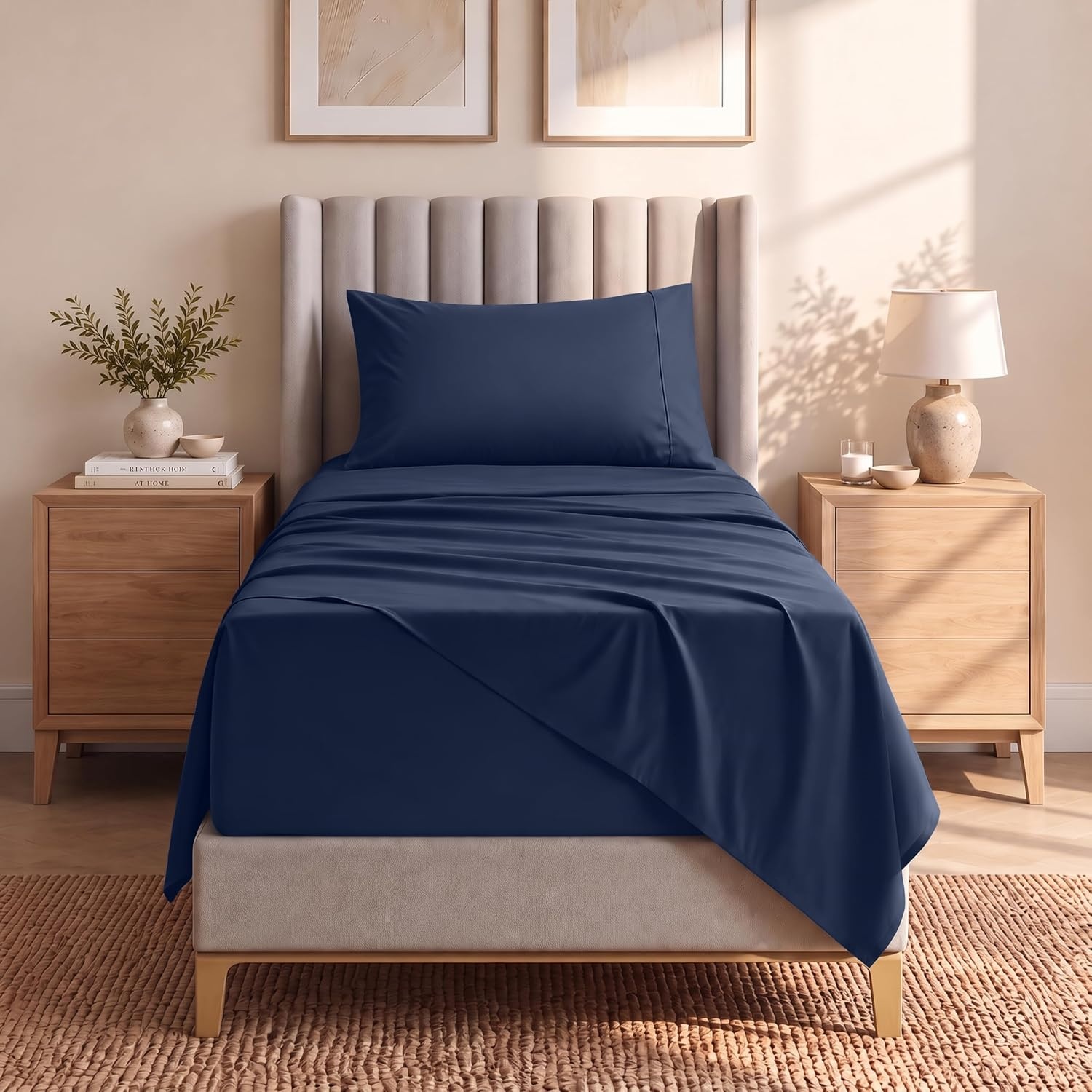 image:imageUtopia Bedding Bettlaken Set 3 Teilige Schwarz Polyester Mikrofaser OekoTex Zertifiziert Spannbettlaken 90x190 Bettlaken 167x243 1 Bestickten Kissenbezug 50x75Marineblau