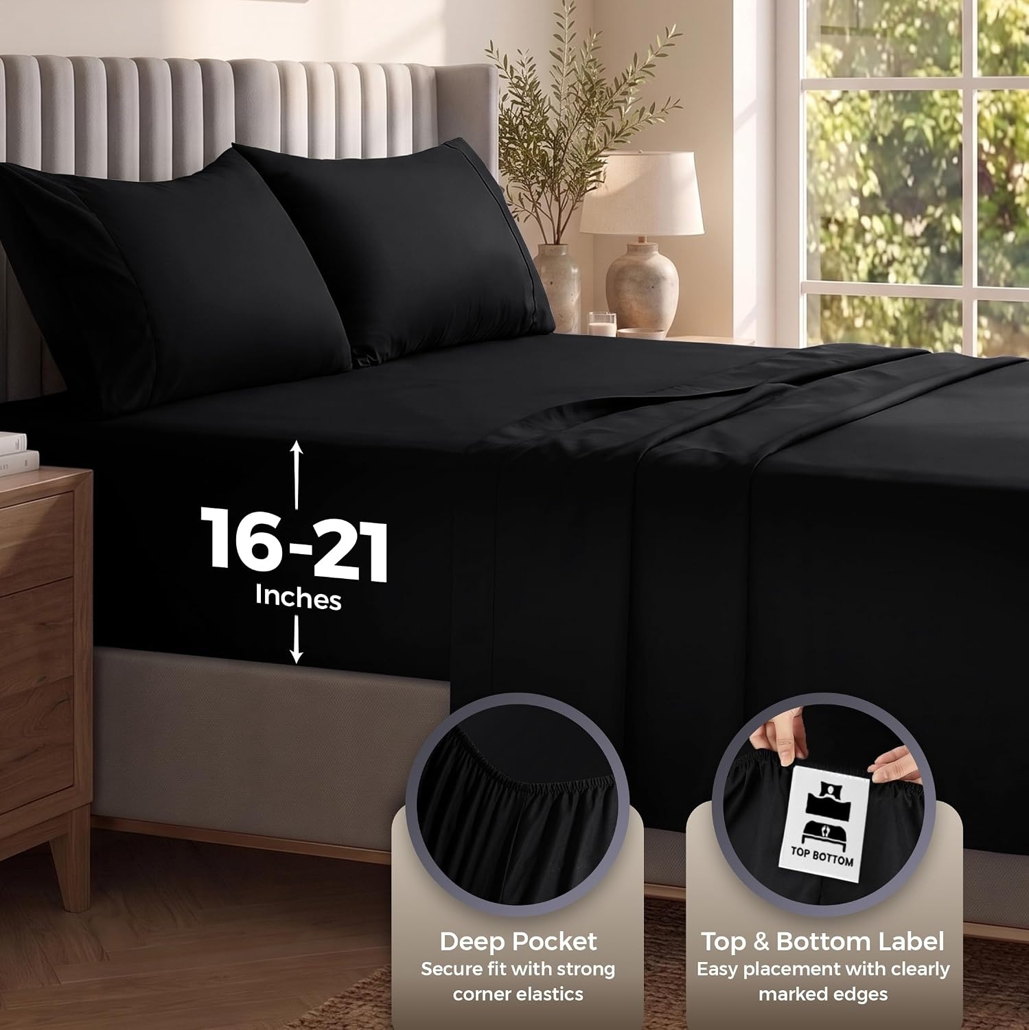 image:imageUtopia Bedding Bettlaken Set 3 Teilige Schwarz Polyester Mikrofaser OekoTex Zertifiziert Spannbettlaken 90x190 Bettlaken 167x243 1 Bestickten Kissenbezug 50x75Schwarz