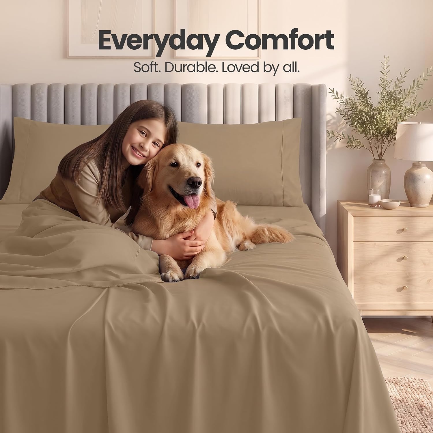 image:imageUtopia Bedding Bettlaken Set 3 Teilige Schwarz Polyester Mikrofaser OekoTex Zertifiziert Spannbettlaken 90x190 Bettlaken 167x243 1 Bestickten Kissenbezug 50x75Sand