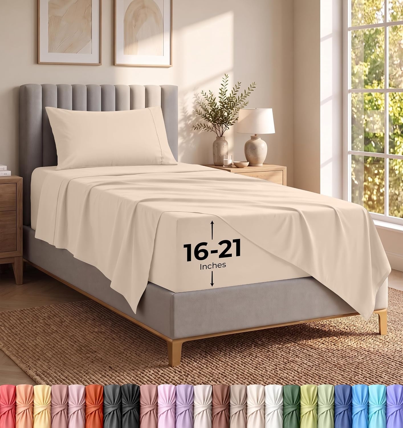 image:imageUtopia Bedding Bettlaken Set 3 Teilige Schwarz Polyester Mikrofaser OekoTex Zertifiziert Spannbettlaken 90x190 Bettlaken 167x243 1 Bestickten Kissenbezug 50x75Beige