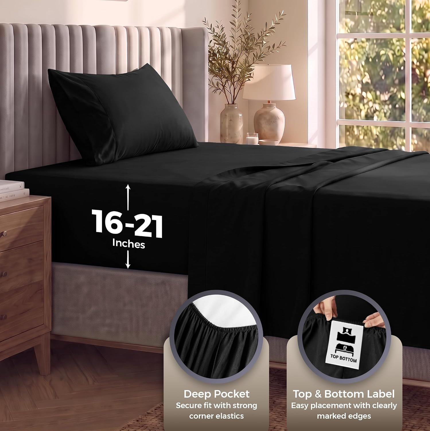 image:imageUtopia Bedding Bettlaken Set 3 Teilige Schwarz Polyester Mikrofaser OekoTex Zertifiziert Spannbettlaken 90x190 Bettlaken 167x243 1 Bestickten Kissenbezug 50x75Schwarz