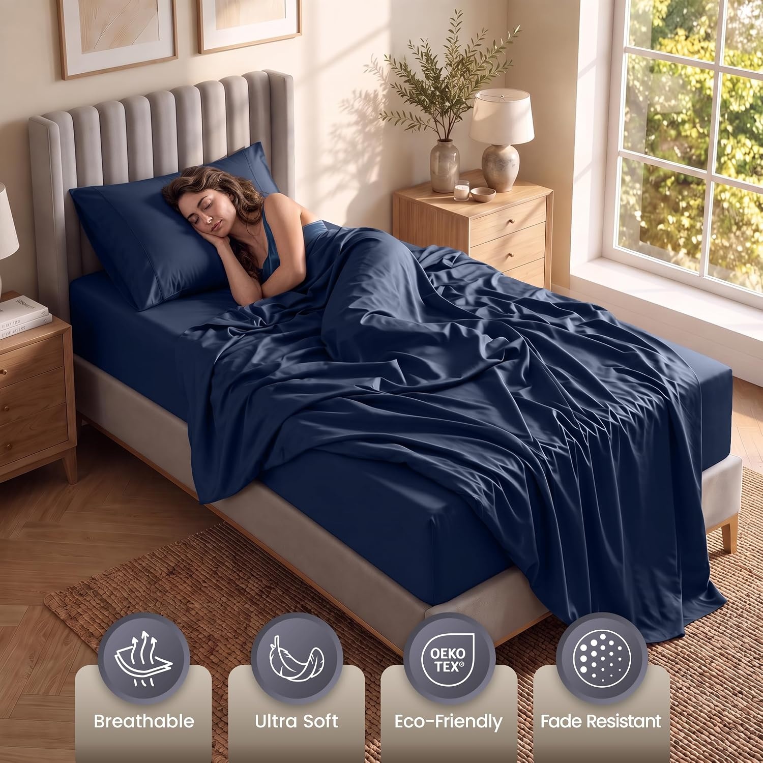 image:imageUtopia Bedding Bettlaken Set 3 Teilige Schwarz Polyester Mikrofaser OekoTex Zertifiziert Spannbettlaken 90x190 Bettlaken 167x243 1 Bestickten Kissenbezug 50x75Marineblau