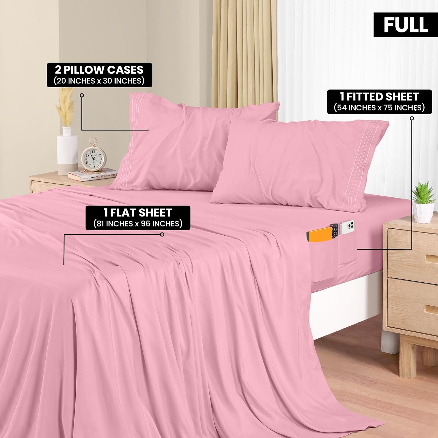 image:imageUtopia Bedding Bettlaken Set 3 Teilige Schwarz Polyester Mikrofaser OekoTex Zertifiziert Spannbettlaken 90x190 Bettlaken 167x243 1 Bestickten Kissenbezug 50x75Pink