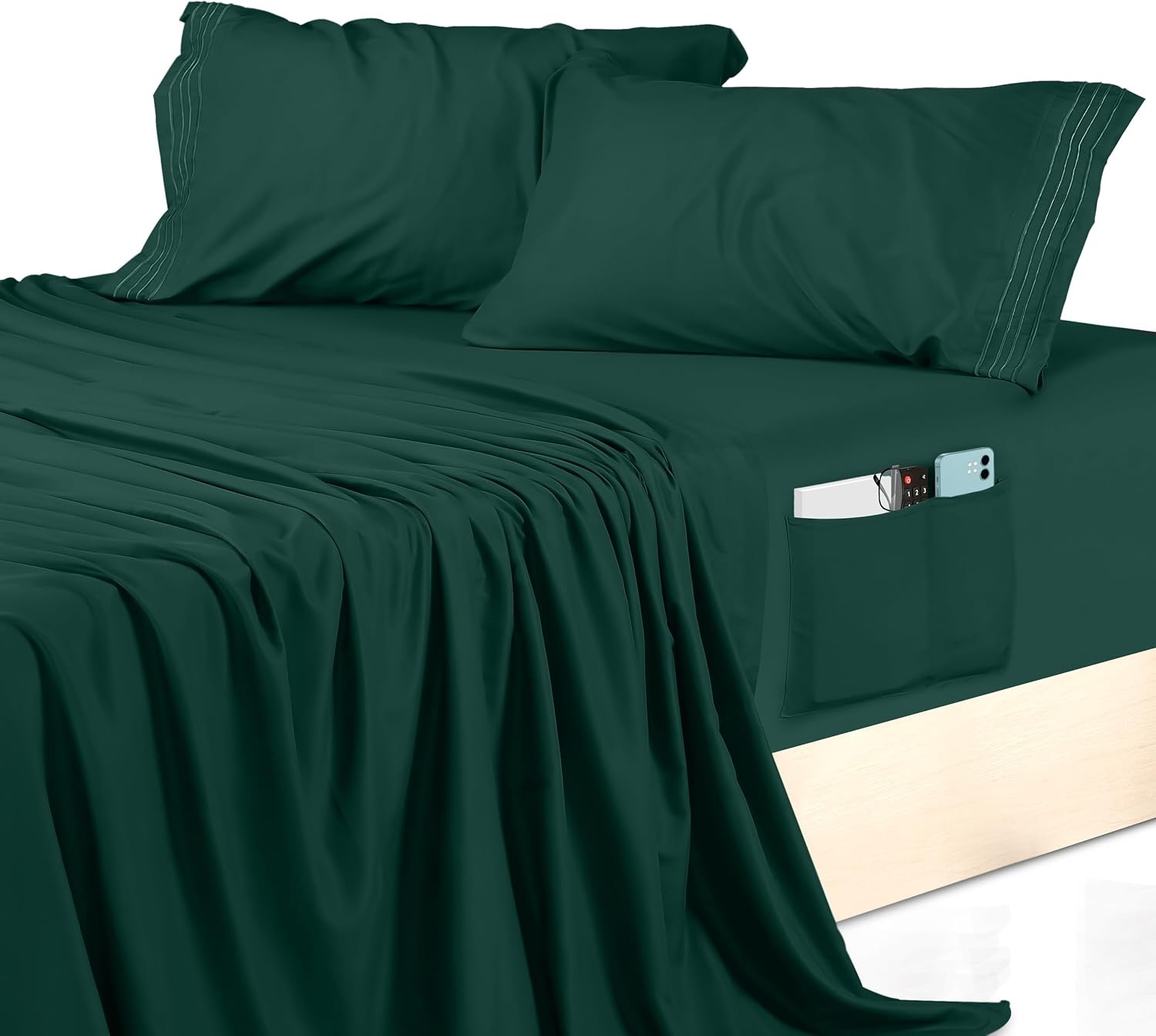image:imageUtopia Bedding Bettlaken Set 3 Teilige Schwarz Polyester Mikrofaser OekoTex Zertifiziert Spannbettlaken 90x190 Bettlaken 167x243 1 Bestickten Kissenbezug 50x75Smaragd