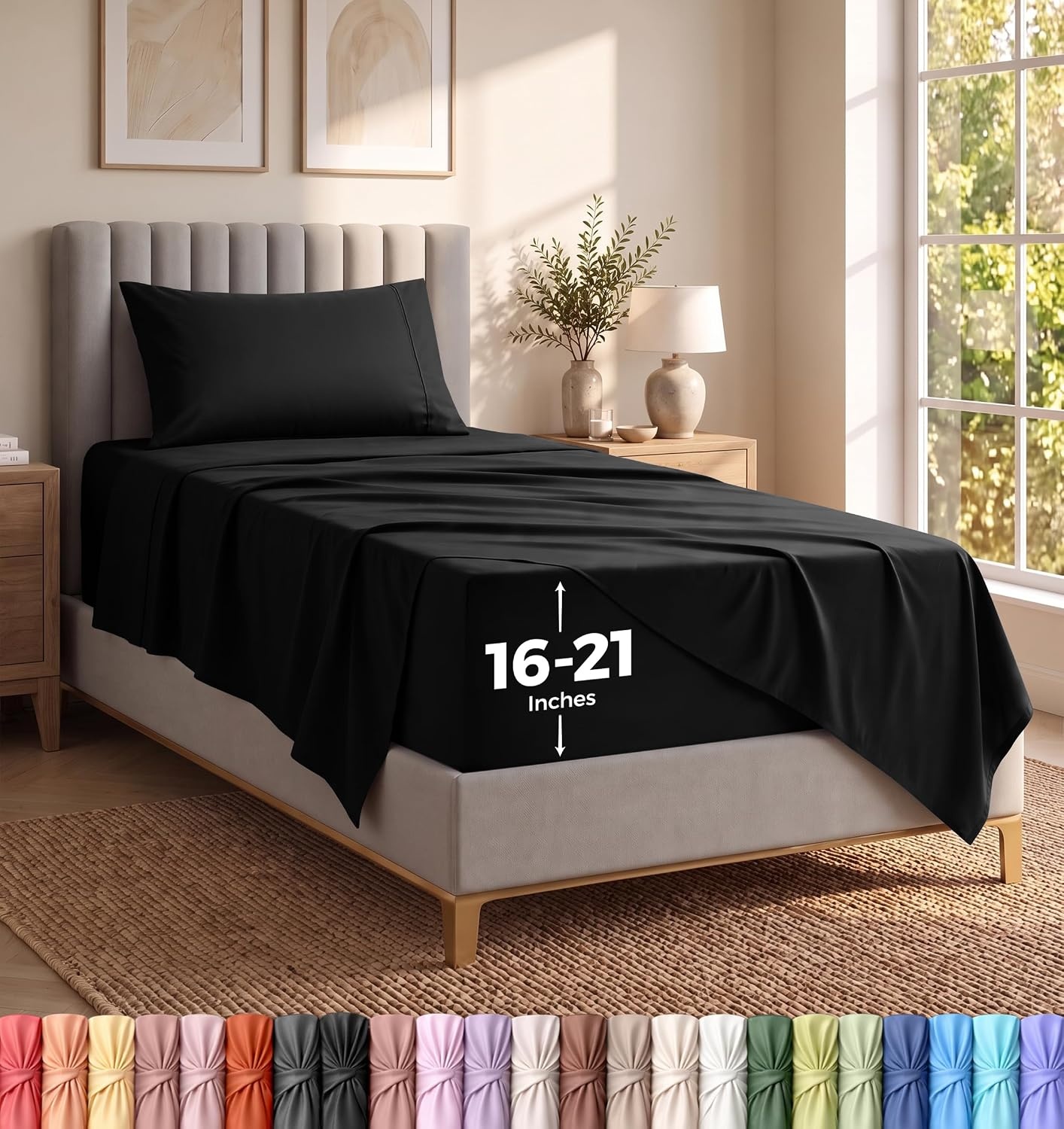 image:imageUtopia Bedding Bettlaken Set 3 Teilige Schwarz Polyester Mikrofaser OekoTex Zertifiziert Spannbettlaken 90x190 Bettlaken 167x243 1 Bestickten Kissenbezug 50x75Schwarz