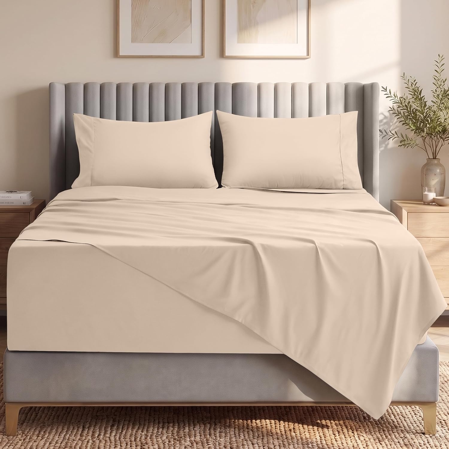 image:imageUtopia Bedding Bettlaken Set 3 Teilige Schwarz Polyester Mikrofaser OekoTex Zertifiziert Spannbettlaken 90x190 Bettlaken 167x243 1 Bestickten Kissenbezug 50x75Beige