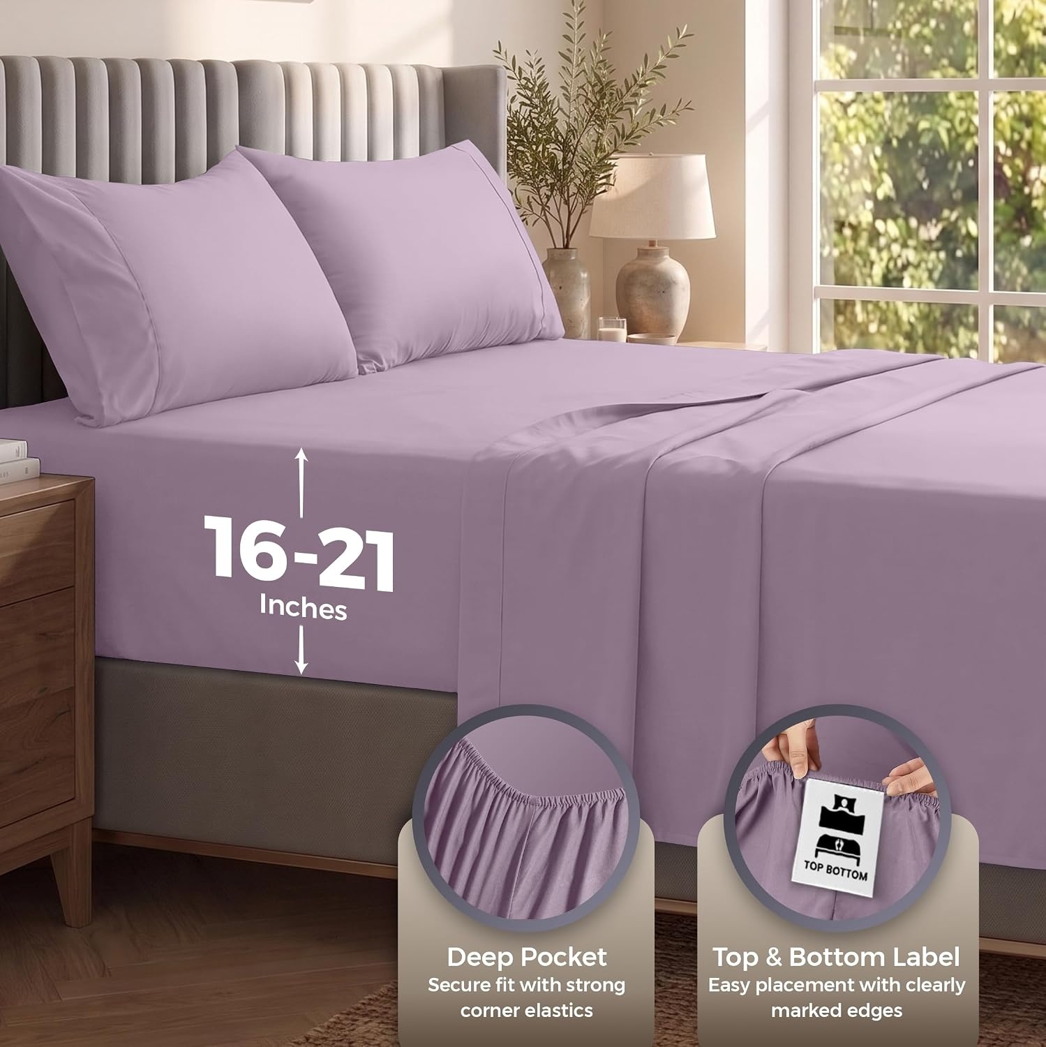 image:imageUtopia Bedding Bettlaken Set 3 Teilige Schwarz Polyester Mikrofaser OekoTex Zertifiziert Spannbettlaken 90x190 Bettlaken 167x243 1 Bestickten Kissenbezug 50x75Lavendel
