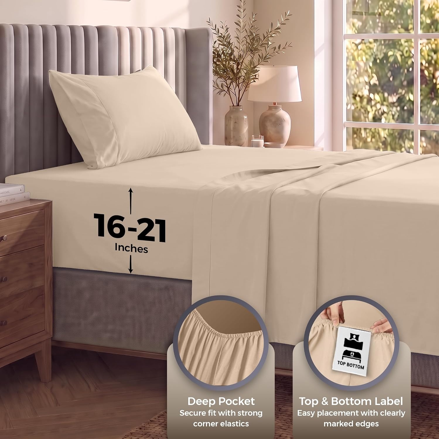 image:imageUtopia Bedding Bettlaken Set 3 Teilige Schwarz Polyester Mikrofaser OekoTex Zertifiziert Spannbettlaken 90x190 Bettlaken 167x243 1 Bestickten Kissenbezug 50x75Beige