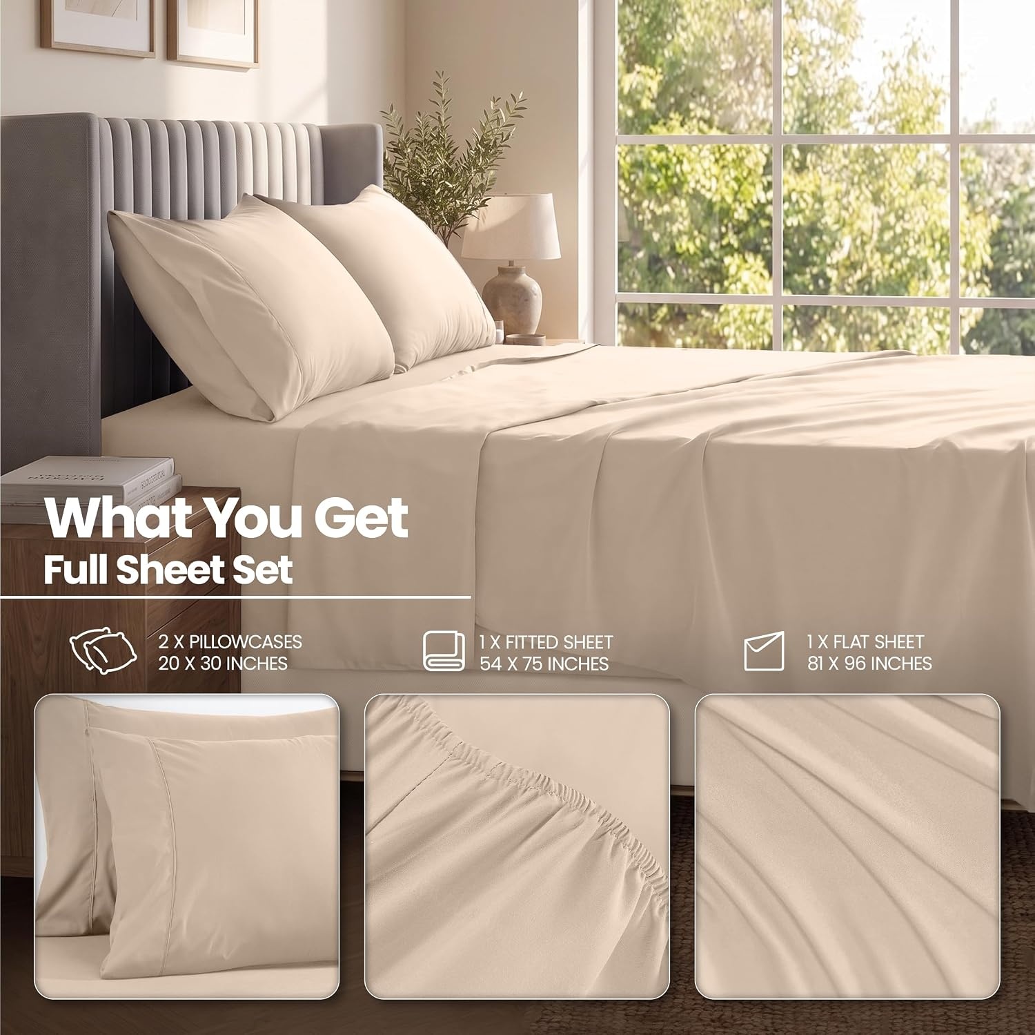 image:imageUtopia Bedding Bettlaken Set 3 Teilige Schwarz Polyester Mikrofaser OekoTex Zertifiziert Spannbettlaken 90x190 Bettlaken 167x243 1 Bestickten Kissenbezug 50x75Beige