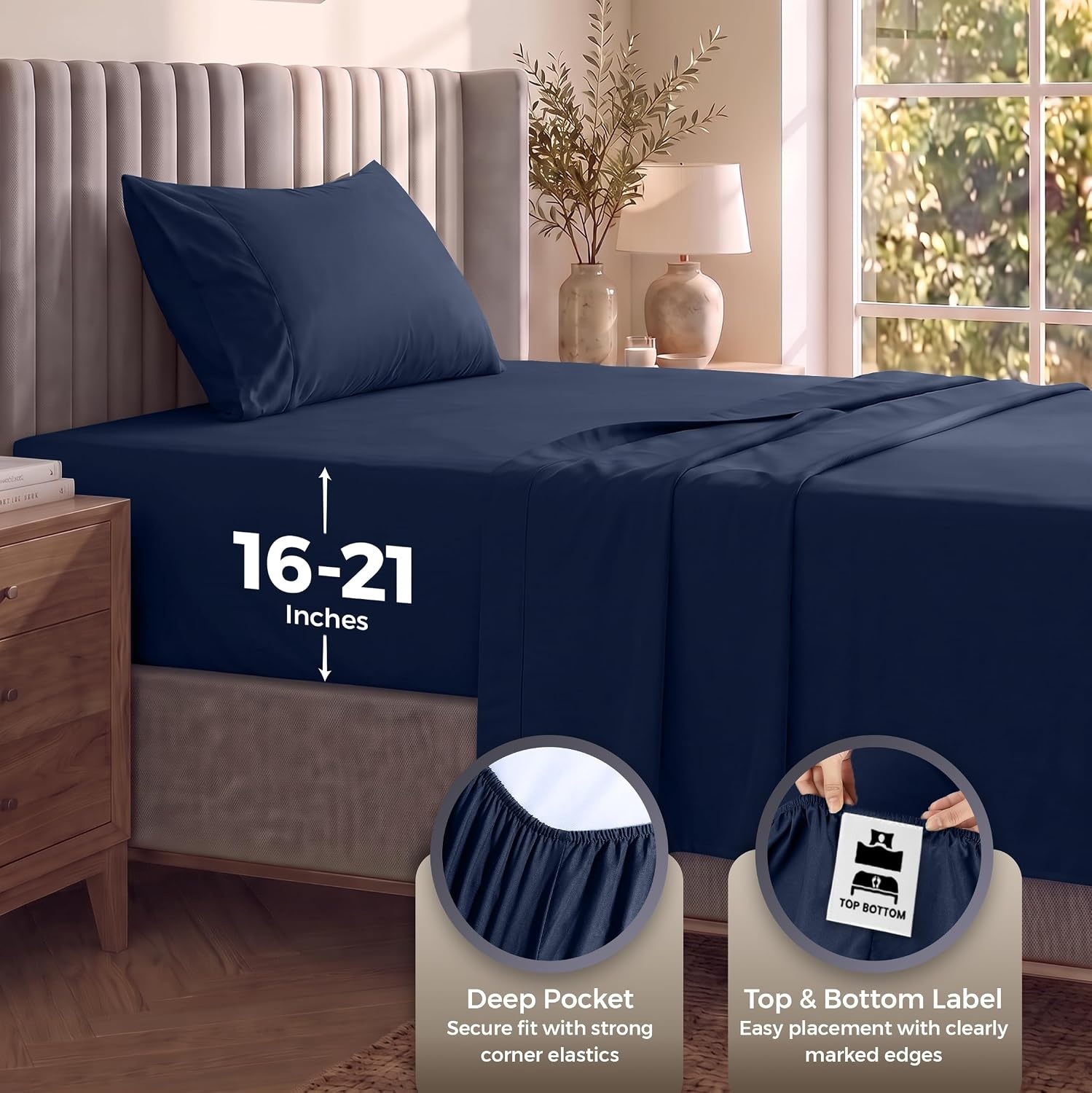 image:imageUtopia Bedding Bettlaken Set 3 Teilige Schwarz Polyester Mikrofaser OekoTex Zertifiziert Spannbettlaken 90x190 Bettlaken 167x243 1 Bestickten Kissenbezug 50x75Marineblau