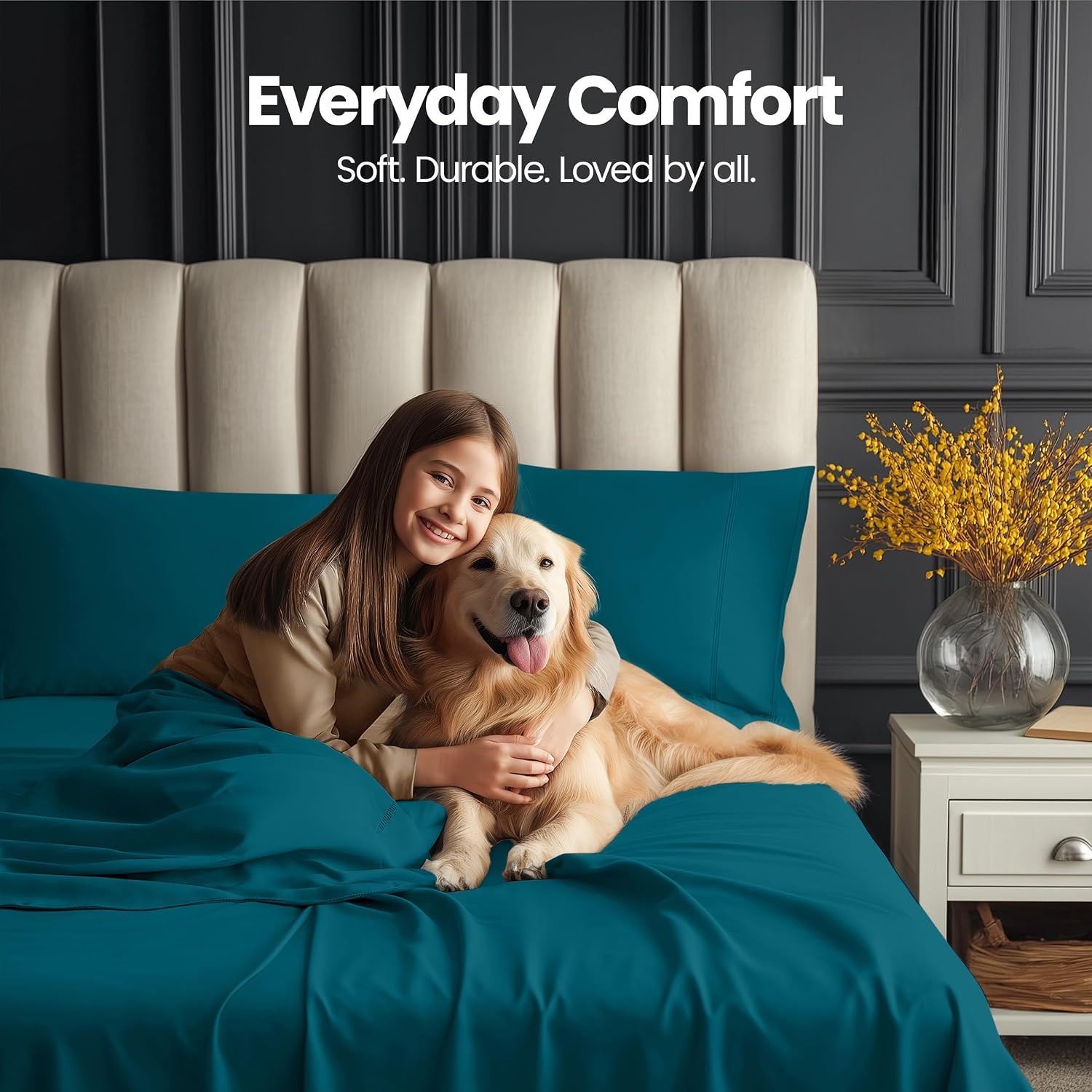 image:imageUtopia Bedding Bettlaken Set 3 Teilige Schwarz Polyester Mikrofaser OekoTex Zertifiziert Spannbettlaken 90x190 Bettlaken 167x243 1 Bestickten Kissenbezug 50x75Denim Blau