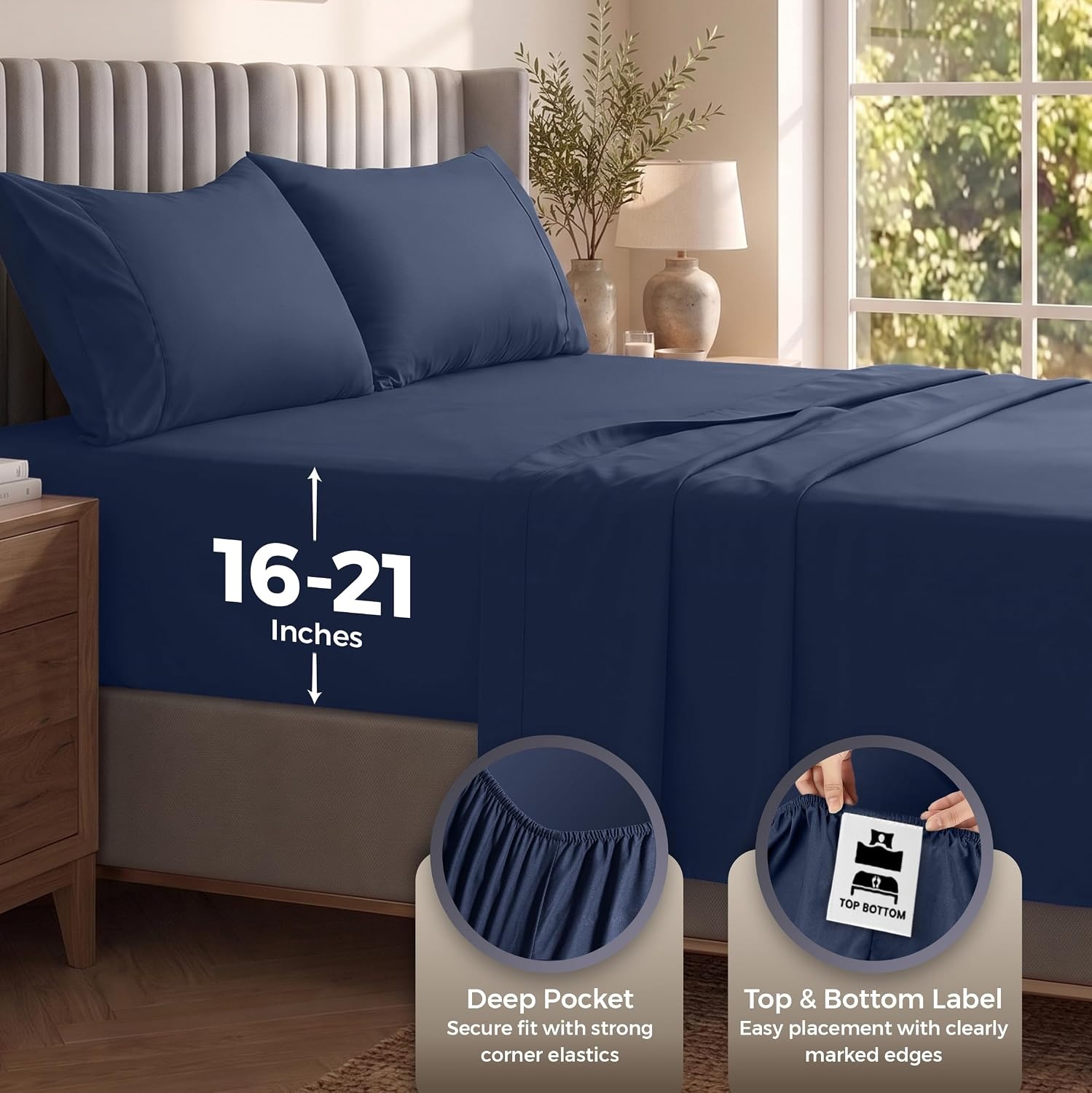 image:imageUtopia Bedding Bettlaken Set 3 Teilige Schwarz Polyester Mikrofaser OekoTex Zertifiziert Spannbettlaken 90x190 Bettlaken 167x243 1 Bestickten Kissenbezug 50x75Marineblau