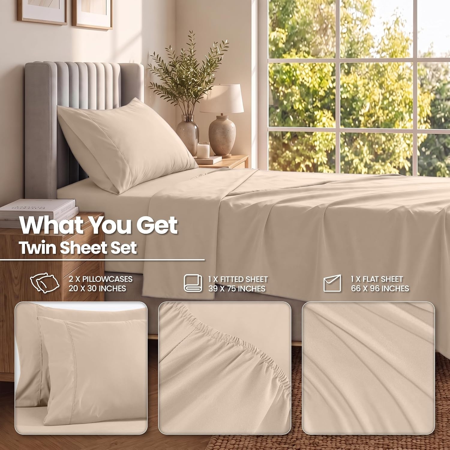 image:imageUtopia Bedding Bettlaken Set 3 Teilige Schwarz Polyester Mikrofaser OekoTex Zertifiziert Spannbettlaken 90x190 Bettlaken 167x243 1 Bestickten Kissenbezug 50x75Beige