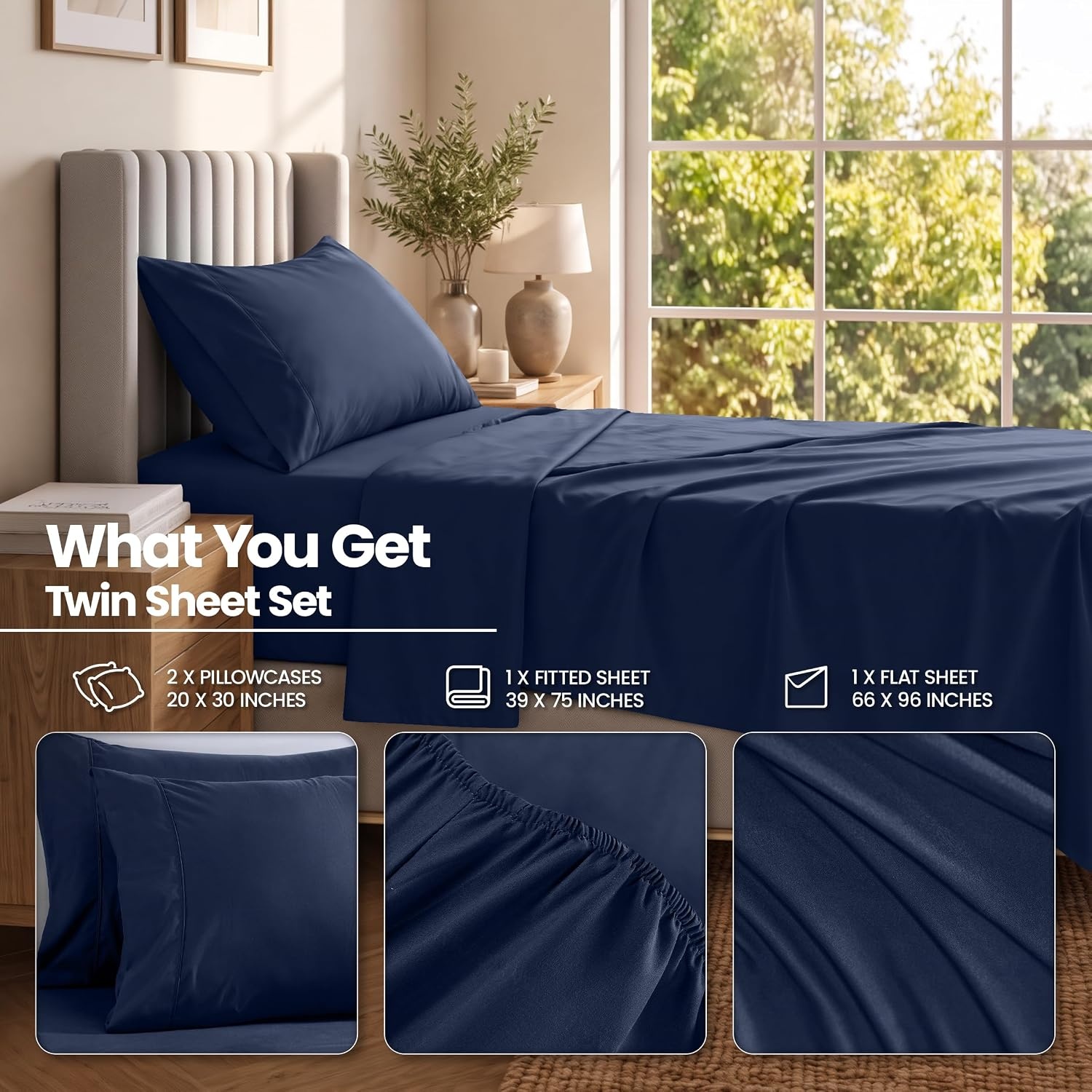 image:imageUtopia Bedding Bettlaken Set 3 Teilige Schwarz Polyester Mikrofaser OekoTex Zertifiziert Spannbettlaken 90x190 Bettlaken 167x243 1 Bestickten Kissenbezug 50x75Marineblau