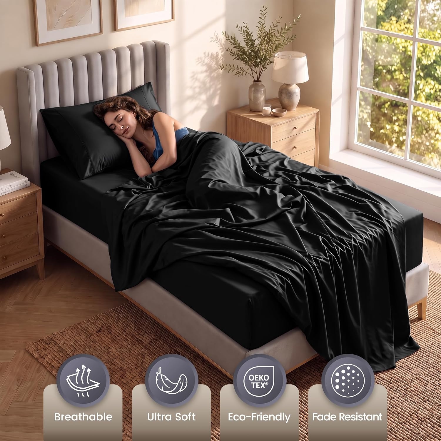 image:imageUtopia Bedding Bettlaken Set 3 Teilige Schwarz Polyester Mikrofaser OekoTex Zertifiziert Spannbettlaken 90x190 Bettlaken 167x243 1 Bestickten Kissenbezug 50x75Schwarz