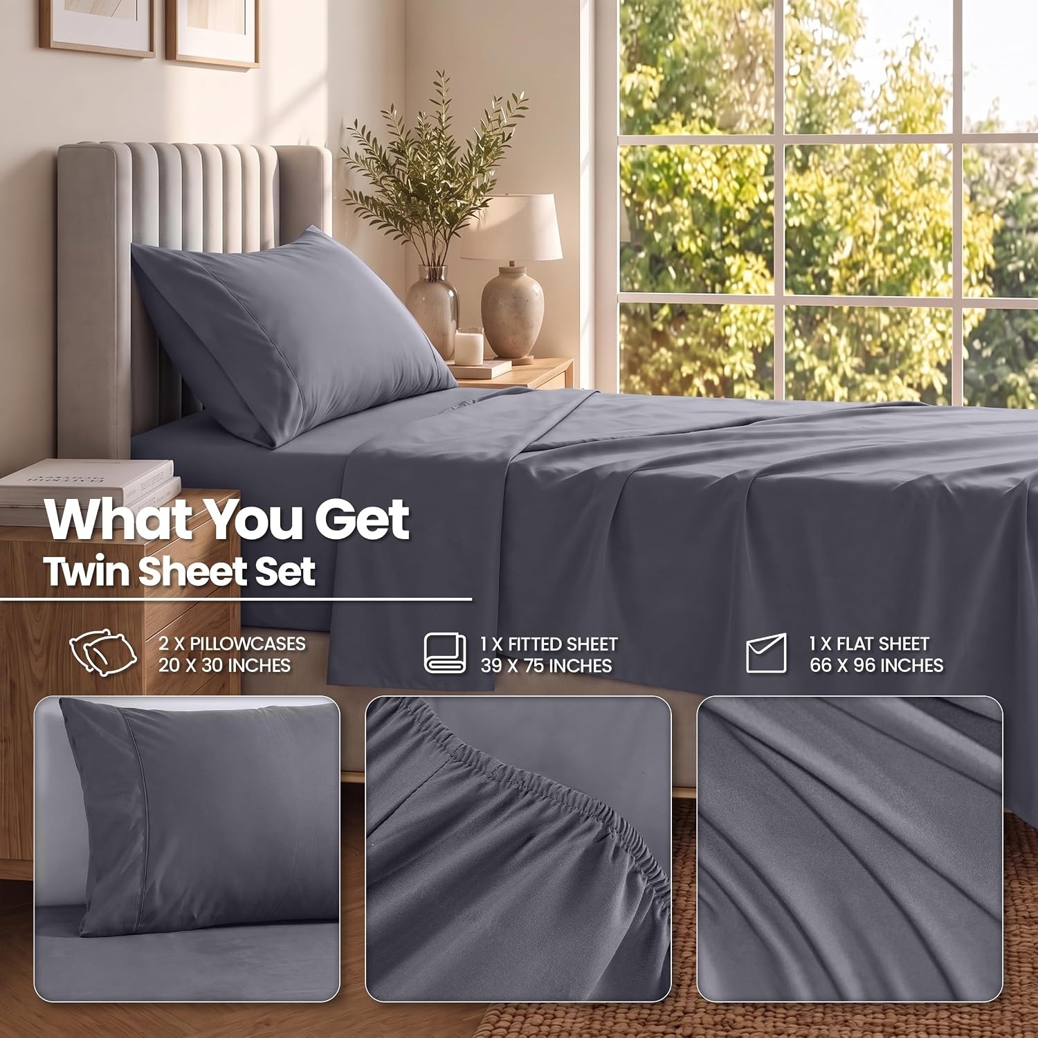 image:imageUtopia Bedding Bettlaken Set 3 Teilige Schwarz Polyester Mikrofaser OekoTex Zertifiziert Spannbettlaken 90x190 Bettlaken 167x243 1 Bestickten Kissenbezug 50x75Grau