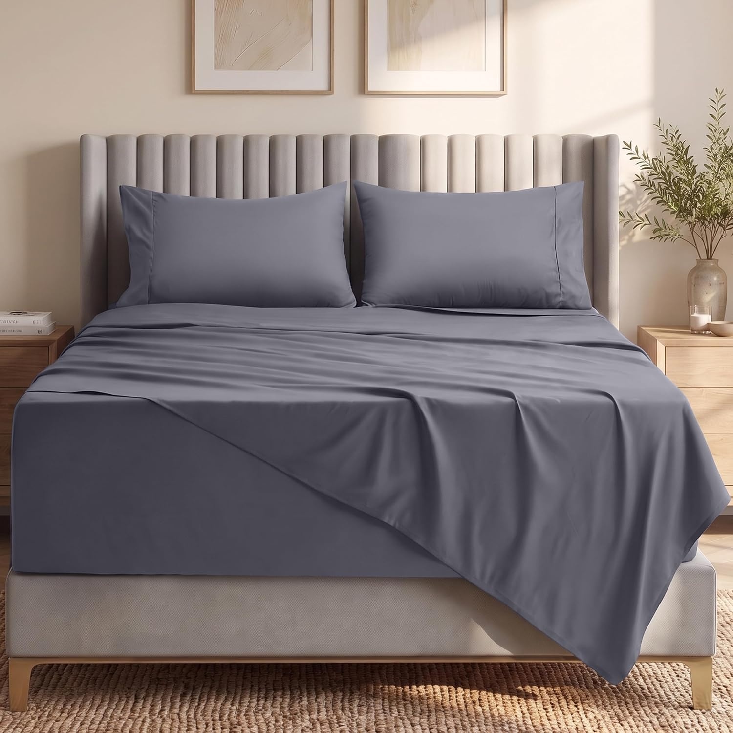 image:imageUtopia Bedding Bettlaken Set 3 Teilige Schwarz Polyester Mikrofaser OekoTex Zertifiziert Spannbettlaken 90x190 Bettlaken 167x243 1 Bestickten Kissenbezug 50x75Grau