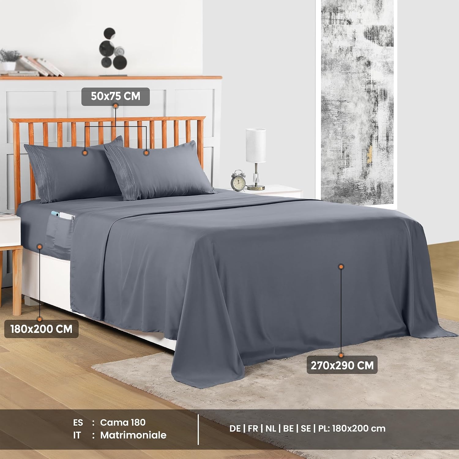 image:imageUtopia Bedding Bettlaken Set 3 Teilige Schwarz Polyester Mikrofaser OekoTex Zertifiziert Spannbettlaken 90x190 Bettlaken 167x243 1 Bestickten Kissenbezug 50x75Grau