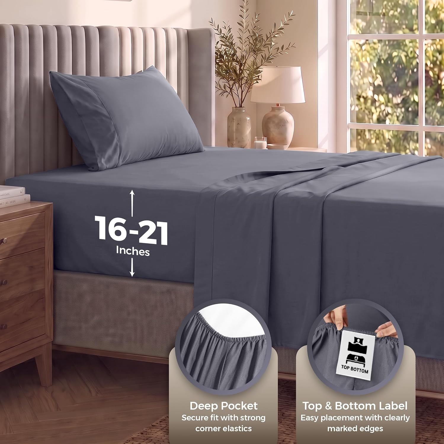 image:imageUtopia Bedding Bettlaken Set 3 Teilige Schwarz Polyester Mikrofaser OekoTex Zertifiziert Spannbettlaken 90x190 Bettlaken 167x243 1 Bestickten Kissenbezug 50x75Grau