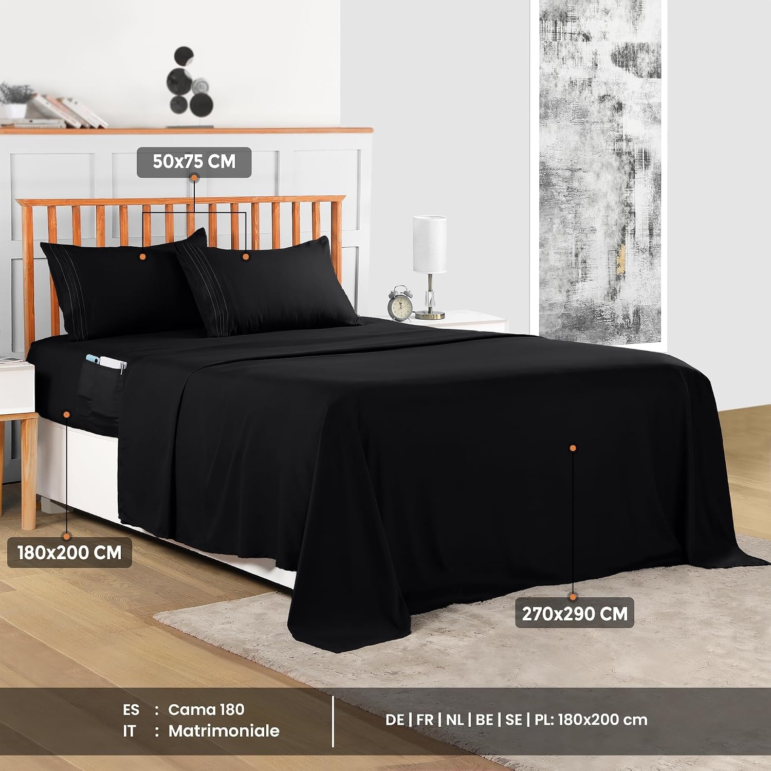 image:imageUtopia Bedding Bettlaken Set 3 Teilige Schwarz Polyester Mikrofaser OekoTex Zertifiziert Spannbettlaken 90x190 Bettlaken 167x243 1 Bestickten Kissenbezug 50x75Schwarz