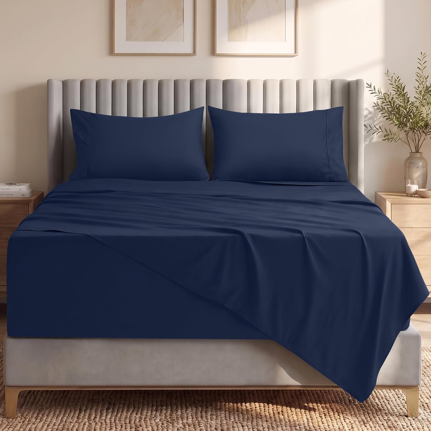 image:imageUtopia Bedding Bettlaken Set 3 Teilige Schwarz Polyester Mikrofaser OekoTex Zertifiziert Spannbettlaken 90x190 Bettlaken 167x243 1 Bestickten Kissenbezug 50x75Marineblau
