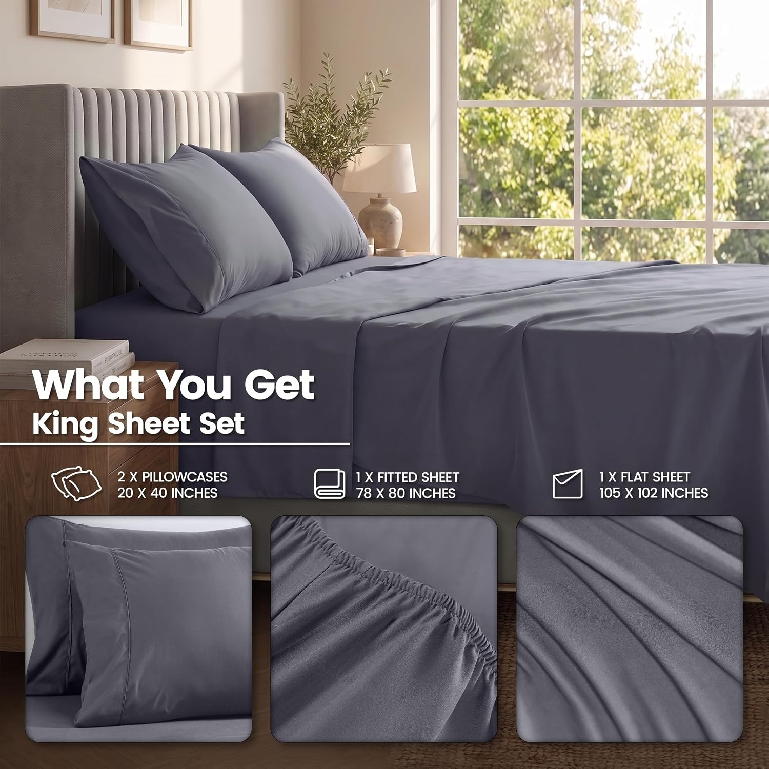 image:imageUtopia Bedding Bettlaken Set 3 Teilige Schwarz Polyester Mikrofaser OekoTex Zertifiziert Spannbettlaken 90x190 Bettlaken 167x243 1 Bestickten Kissenbezug 50x75Grau