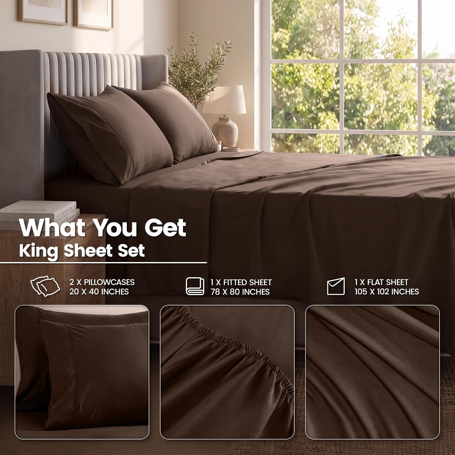 image:imageUtopia Bedding Bettlaken Set 3 Teilige Schwarz Polyester Mikrofaser OekoTex Zertifiziert Spannbettlaken 90x190 Bettlaken 167x243 1 Bestickten Kissenbezug 50x75Braun