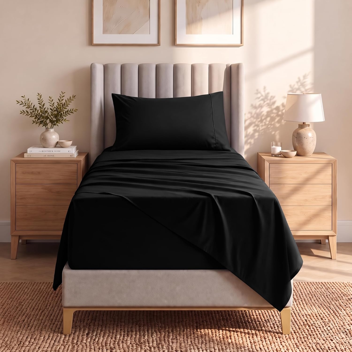 image:imageUtopia Bedding Bettlaken Set 3 Teilige Schwarz Polyester Mikrofaser OekoTex Zertifiziert Spannbettlaken 90x190 Bettlaken 167x243 1 Bestickten Kissenbezug 50x75Schwarz