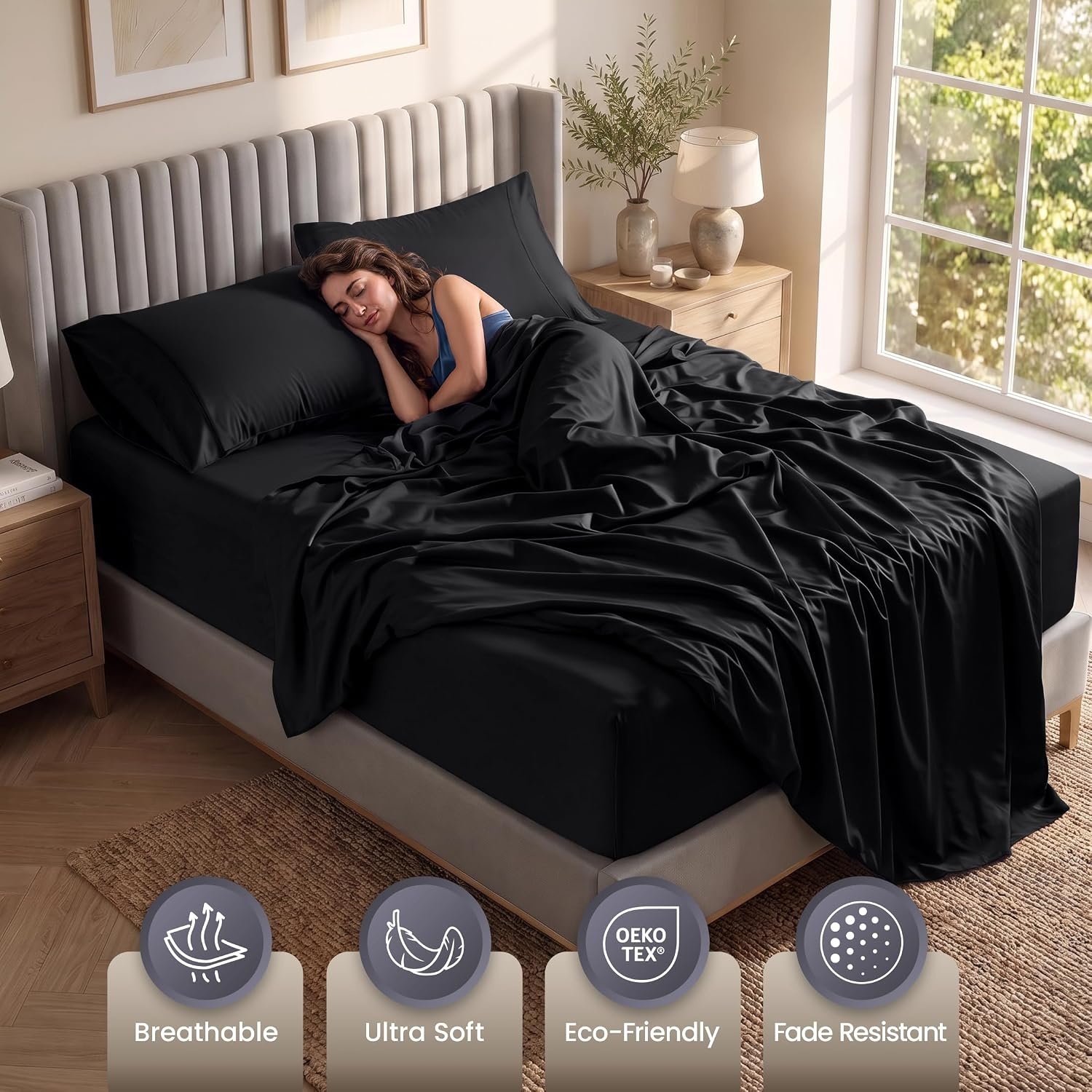 image:imageUtopia Bedding Bettlaken Set 3 Teilige Schwarz Polyester Mikrofaser OekoTex Zertifiziert Spannbettlaken 90x190 Bettlaken 167x243 1 Bestickten Kissenbezug 50x75Schwarz
