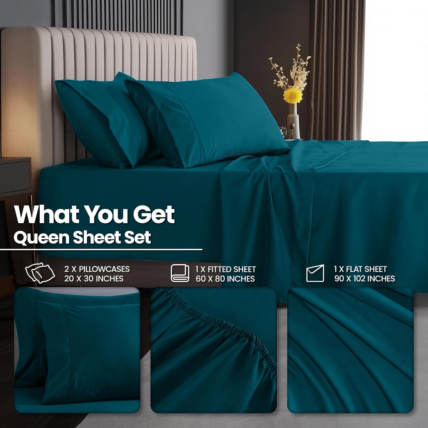 image:imageUtopia Bedding Bettlaken Set 3 Teilige Schwarz Polyester Mikrofaser OekoTex Zertifiziert Spannbettlaken 90x190 Bettlaken 167x243 1 Bestickten Kissenbezug 50x75Denim Blau